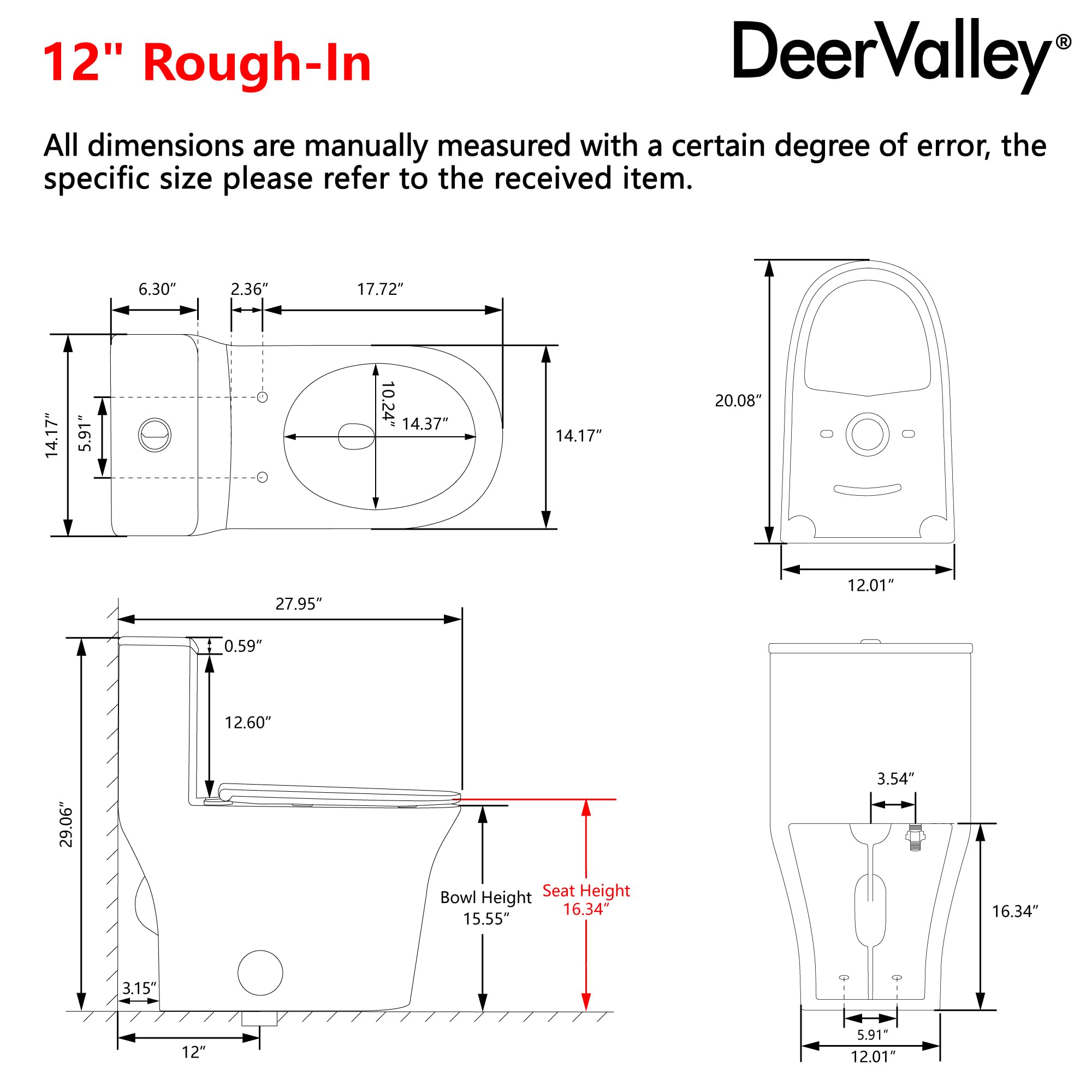 DeerValley Elongated One Piece Toilet with Soft-Close Seat - Dual Flush 1.1/1.6 GPF, 1000g MAP Rating, White Skirted Design, 12