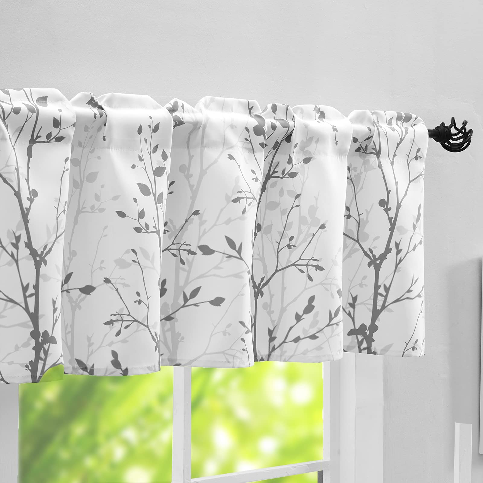 Luvyohmee Tree Branch Printed Window Valance - 18 Inch Long Grey Curtain Valance for Kitchen, Bathroom, Dining Room, Living Room, Bedroom & Kids Room - 2 Panels - Perfect for Farmhouse, Boho & Modern Home Decor