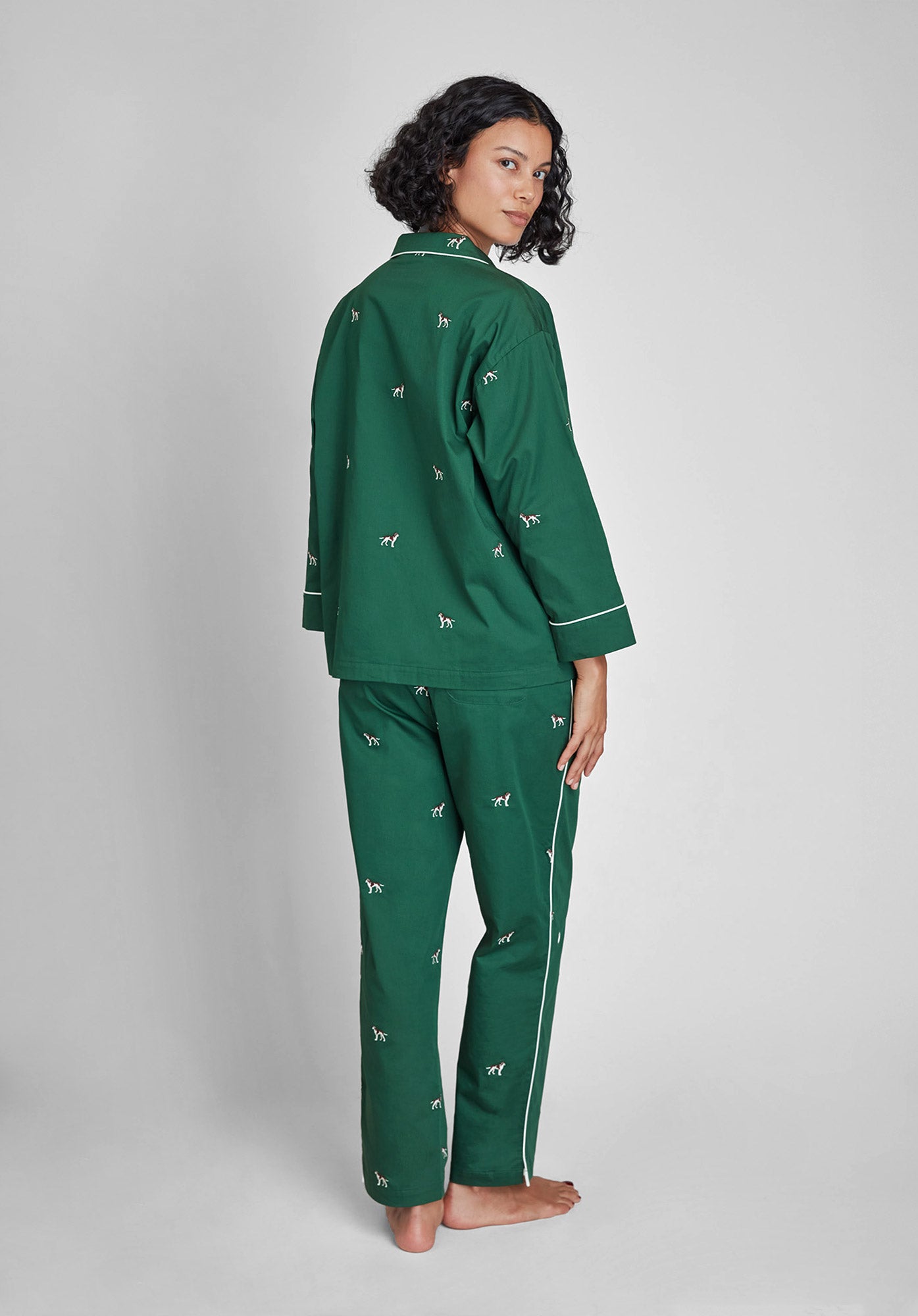 Embroidered Hounds Print Women's Pajama Set - Soft Cotton Sleepwear for Women, Lounge & Sleep Comfort - Perfect for Bedtime, Relaxing at Home & Gift Giving
