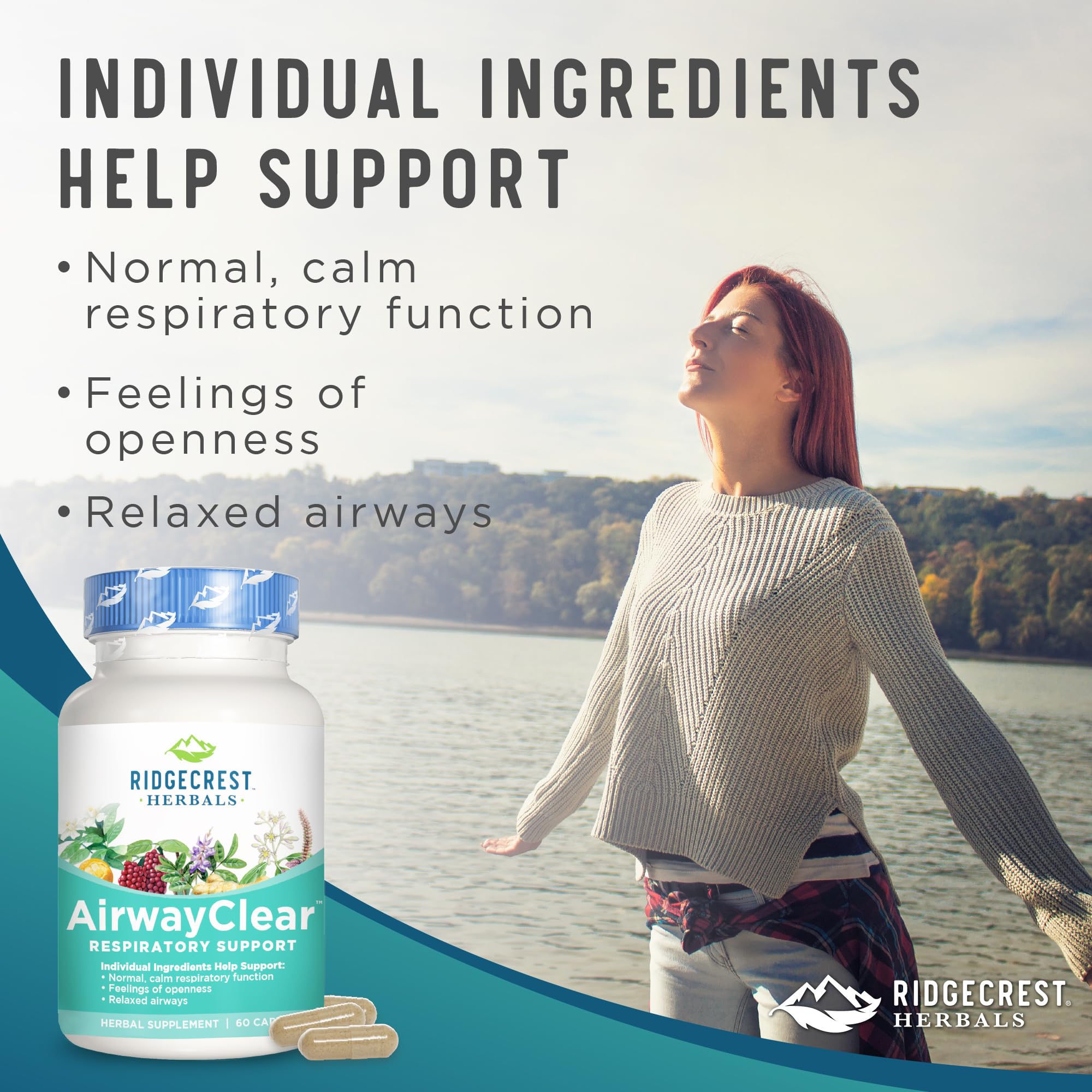 Ridgecrest Herbals AirwayClear - Natural Lung Health & Breathing Support Supplement with Schisandra Fruit, Cassia Bark & Ginger Root - Sinus & Mucus Relief - Gluten Free Vegan Capsules (60 Count, 30 Servings) - Ideal for Respiratory Support, Allergy Season & Cold Weather Wellness