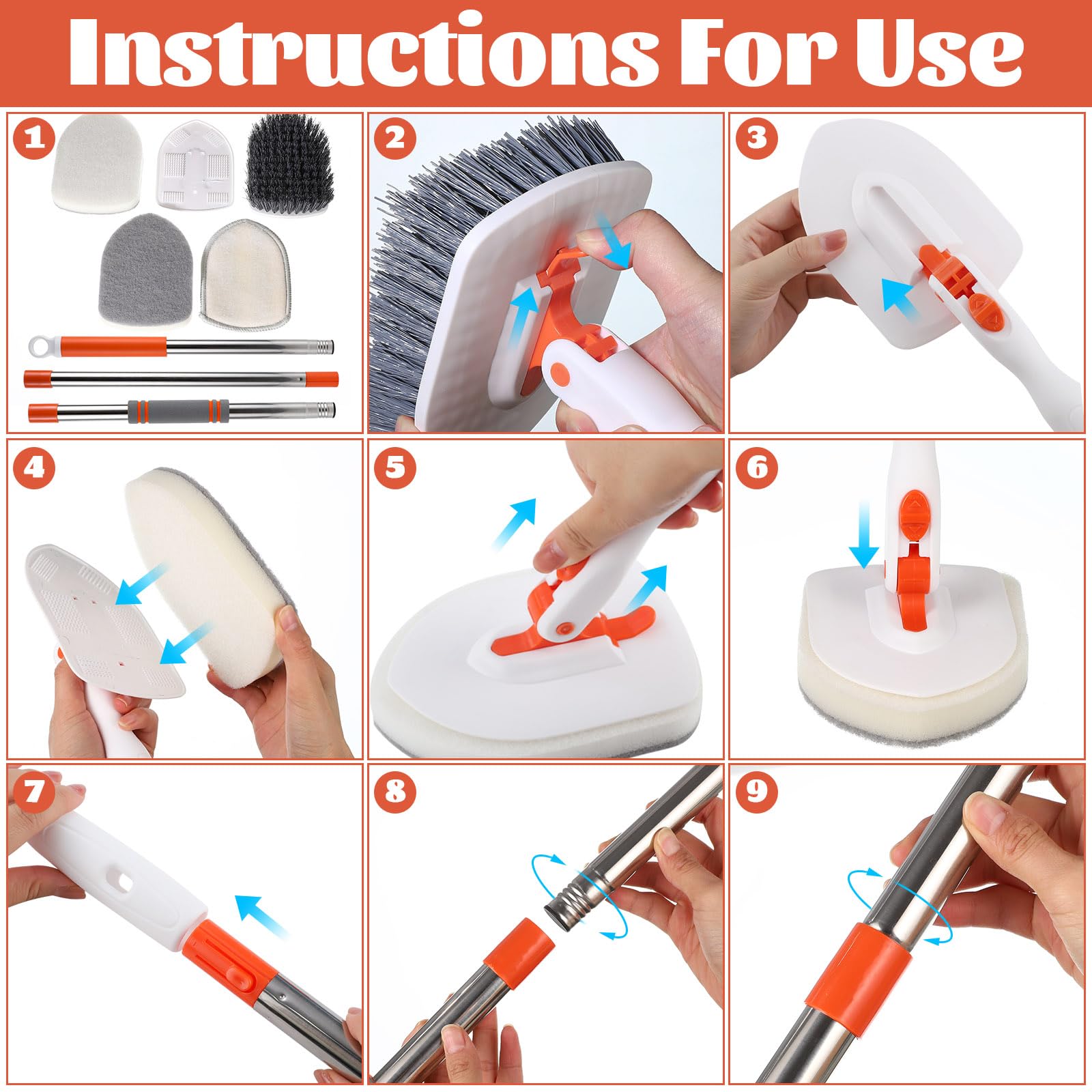 3 in 1 Tub Tile Scrubber Brush with 52 Inch Long Handle - Bathroom Shower Cleaning Brush with Locked Head for Kitchen, Toilet, Wall & Sink - Perfect for Hard-to-Reach Areas and Deep Cleaning Grout Lines