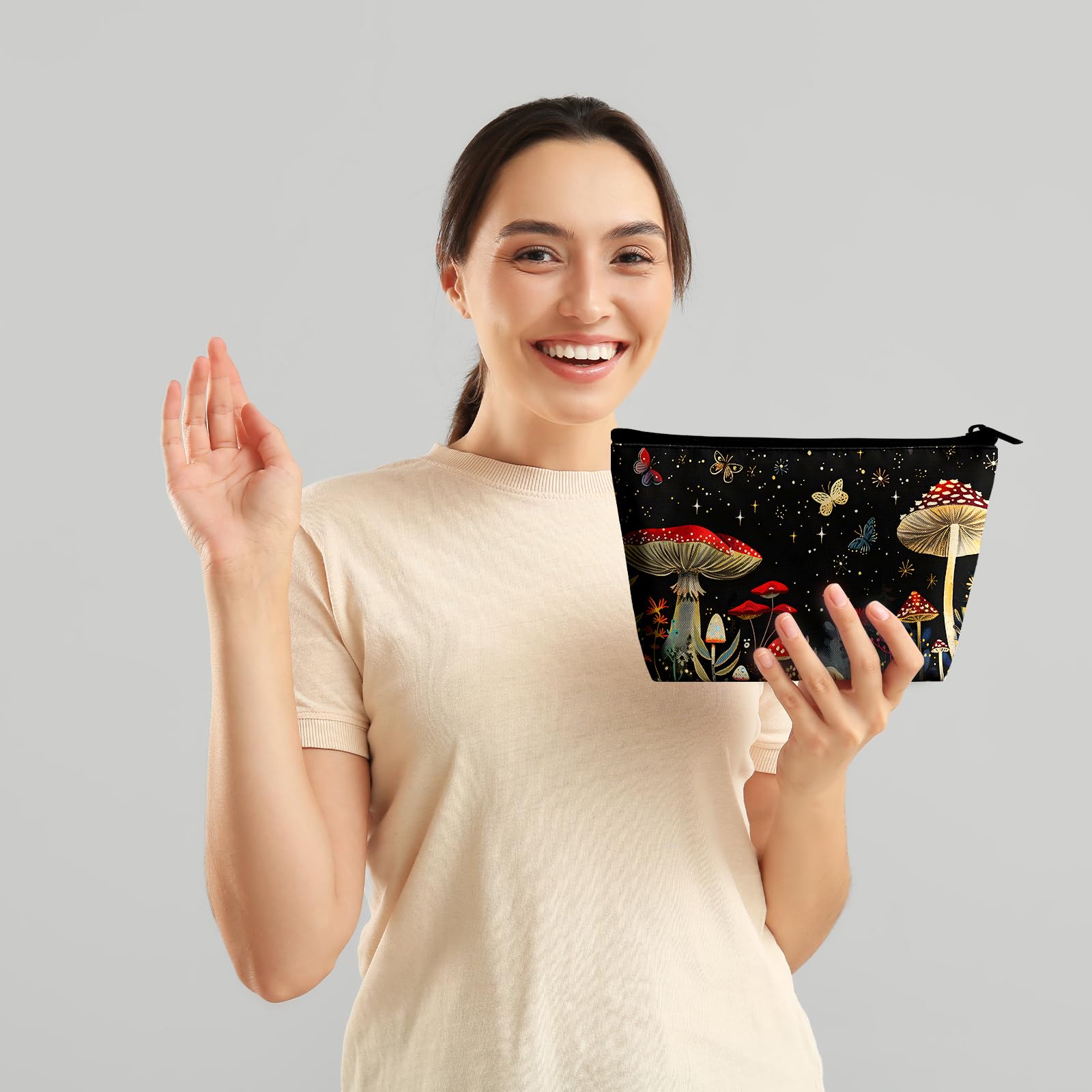 Large Capacity Mushroom Print Makeup Bag & Pencil Case Set for Women - Travel Cosmetic Organizer with Brush Storage | Perfect for Travel, Daily Use & Toiletry Organization
