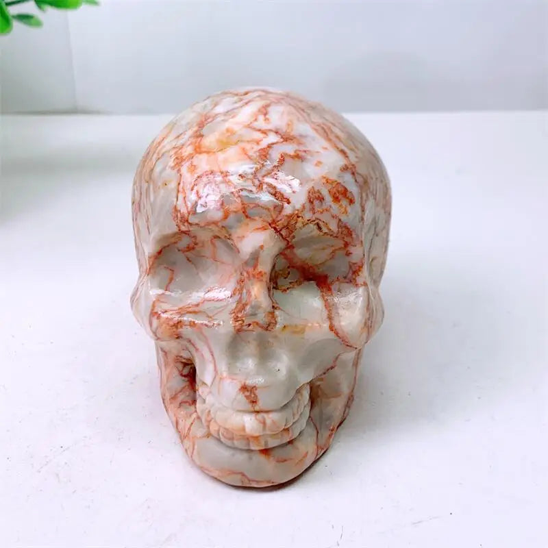 Natural Red Net Stone Skull Carving Quartz Healing Crystal - 710G Handcrafted Home Decor, Unique Birthday Gift for Men & Women, Spiritual Healing & Meditation Accessory for Yoga, Office Desk, Living Room Display