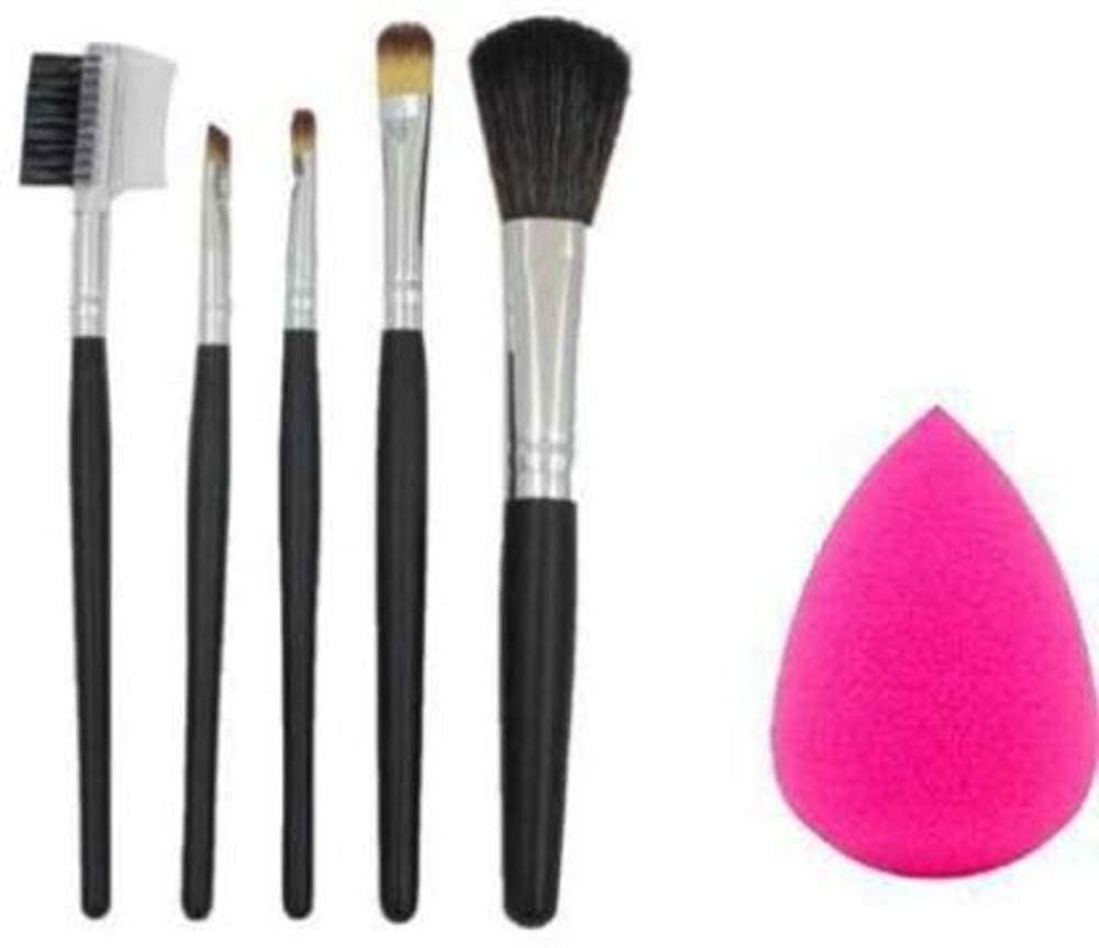 Premium 5-Piece Black Makeup Brush Set with Pink Beauty Blender - Soft Bristles for Women & Girls - Perfect for Foundation, Blush, Eyeshadow & Contouring (Pack of 6)