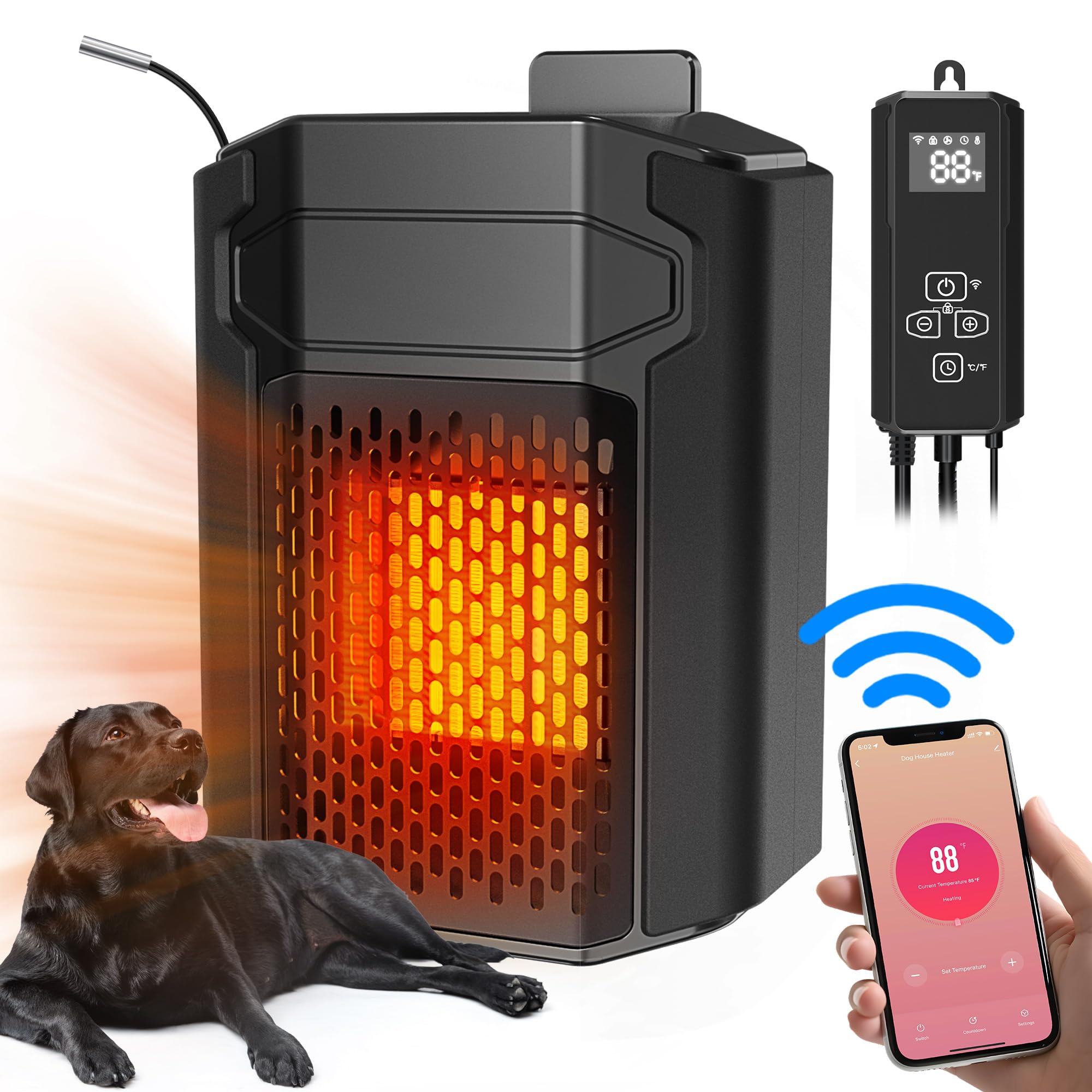 500W WiFi Dog House Heater with Thermostat & APP Control - Outdoor Pet Heating for Dog Kennels, Chicken Coops & Animal Shelters - Includes 6.5FT External Temp Probe & Adjustable Timer (Perfect for Winter Pet Care & Livestock Protection)