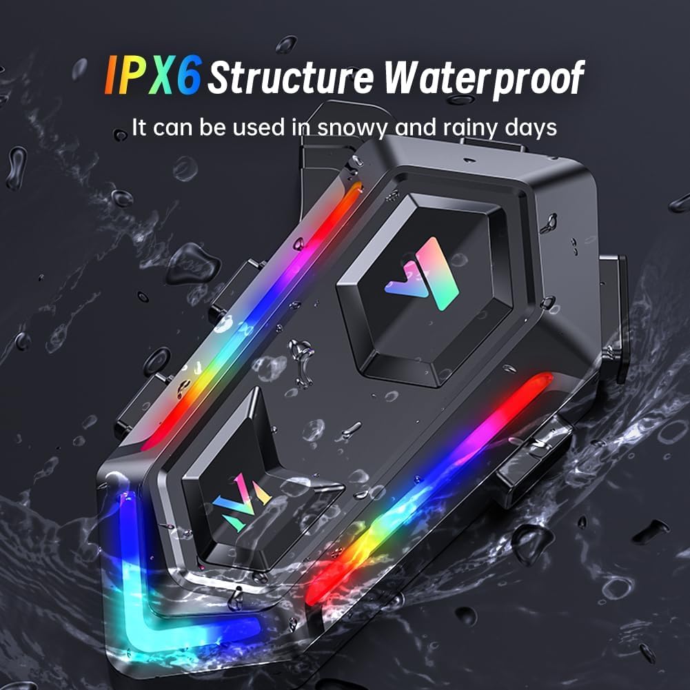 Motorcycle Helmet Bluetooth Headset with RGB Lights - Dual Noise Cancelling Intercom System, IPX6 Waterproof & Powerful Bass for Dirt Bike Riders | Perfect for Group Riding, Adventure Tours & Urban Commuting
