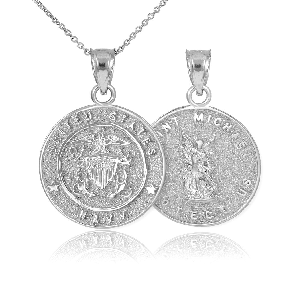 10k White Gold St. Michael Medal Necklace - Reversible Protection Charm for US Navy - American Heroes Jewelry Gift for Military & Faith-Based Occasions