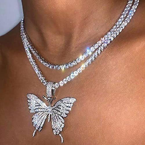 Sparkly Butterfly Pendant Necklace for Women - Silver Crystal Choker with Adjustable Double Layered Chain | Elegant Jewelry Gift for Girls, Teens & Adults | Perfect for Parties, Weddings & Everyday Wear