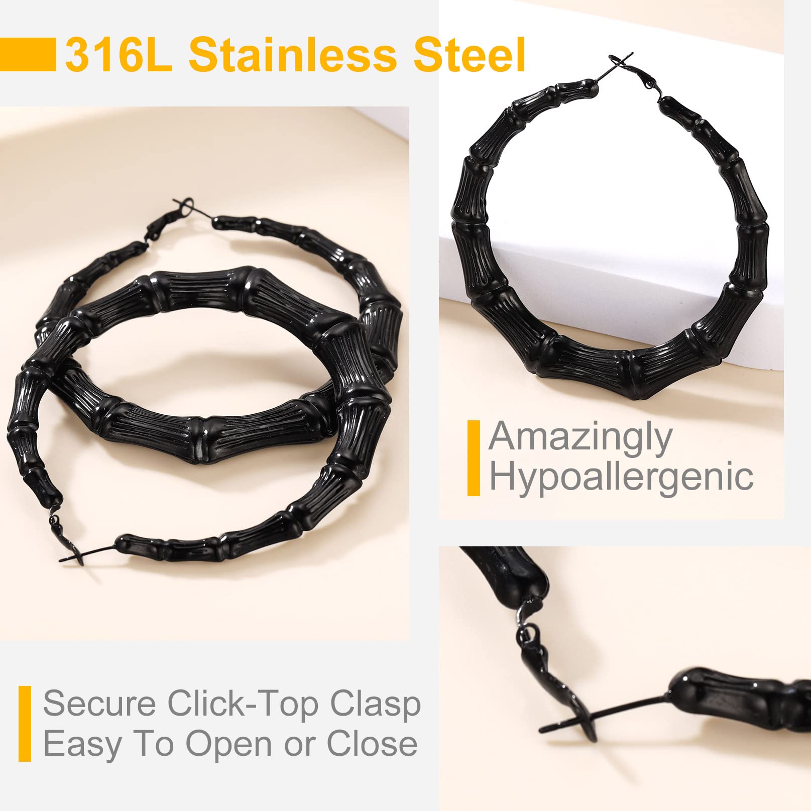 Bandmax Hypoallergenic Bamboo Hoop Earrings for Women - 30/40/60/80mm Large Hoop Earrings in Gold, Black & Stainless Steel - 90s Retro Jewelry for Women & Girls - Perfect for Parties, Work & Everyday Wear
