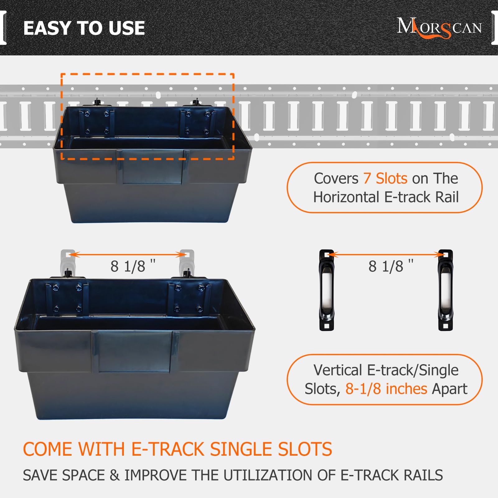 2 Pack E-Track Storage Bins & 4 Pack Single Slot Tie Down Anchors - Heavy Duty Trailer Organizer for Cargo, Tools & Equipment - Perfect for Enclosed Trailers, Vans & Truck Beds - Includes Extra Brackets