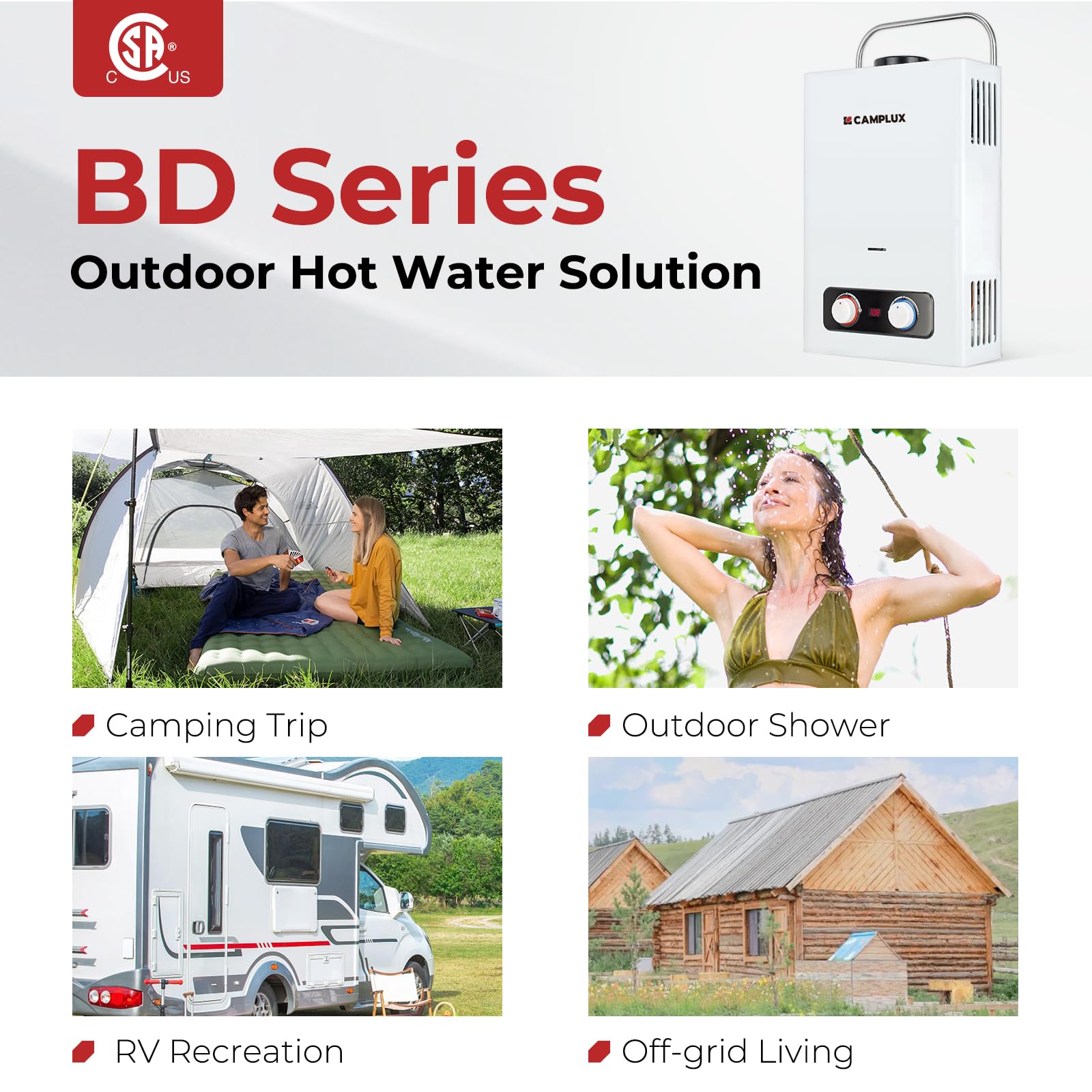 Camplux BD158 Portable Tankless Water Heater - 1.58 GPM Propane Gas Water Heater with Handle, 41,000 BTU for Outdoor Camping, RV, Cabin & Off-Grid Living | Instant Hot Water Solution for Showers, Washing & Outdoor Adventures
