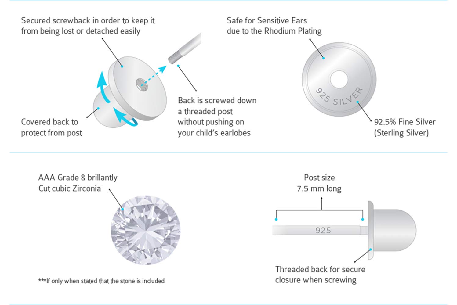925 Sterling Silver Rhodium Plated Rose Flower Cubic Zirconia Screwback Earrings for Baby Girls | Hypoallergenic Kids Jewelry Gift for Birthdays, Christening & Special Occasions