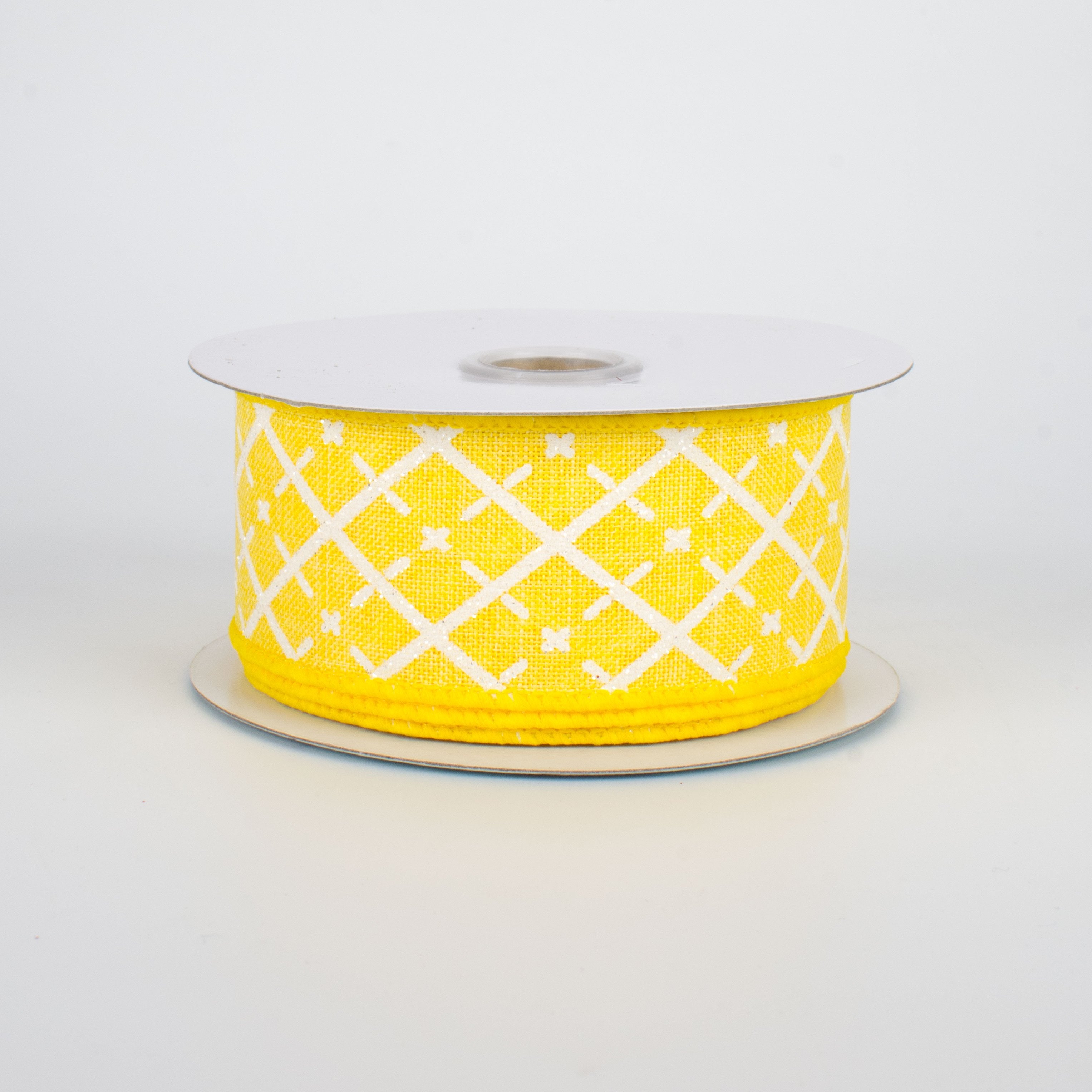 1.5 Inch Glittered Argyle Ribbon - Yellow & White Pattern for Gift Wrapping, Crafts & DIY Decor (10 Yards)