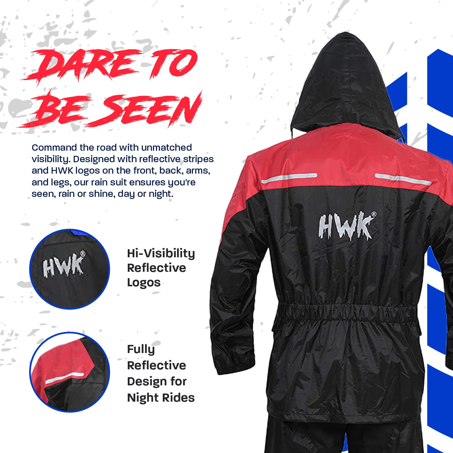 HWK Motorcycle Rain Suit for Men & Women - Waterproof 2-Piece Riding Gear with Reflective Jacket & Pants - All-Season Weatherproof Protection for Motorcycles, Bikes & Scooters - Red, X-Large - Ideal for Commuting, Touring & Adventure Riding in Rainy Weather