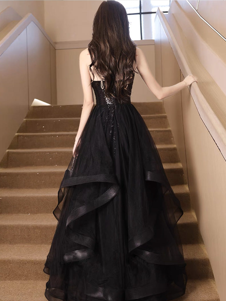 Elegant A-Line V-Neck Sequin Tulle Black Prom Dress | Long Evening Gown for Formal Events, Homecoming, Dances & Special Occasions