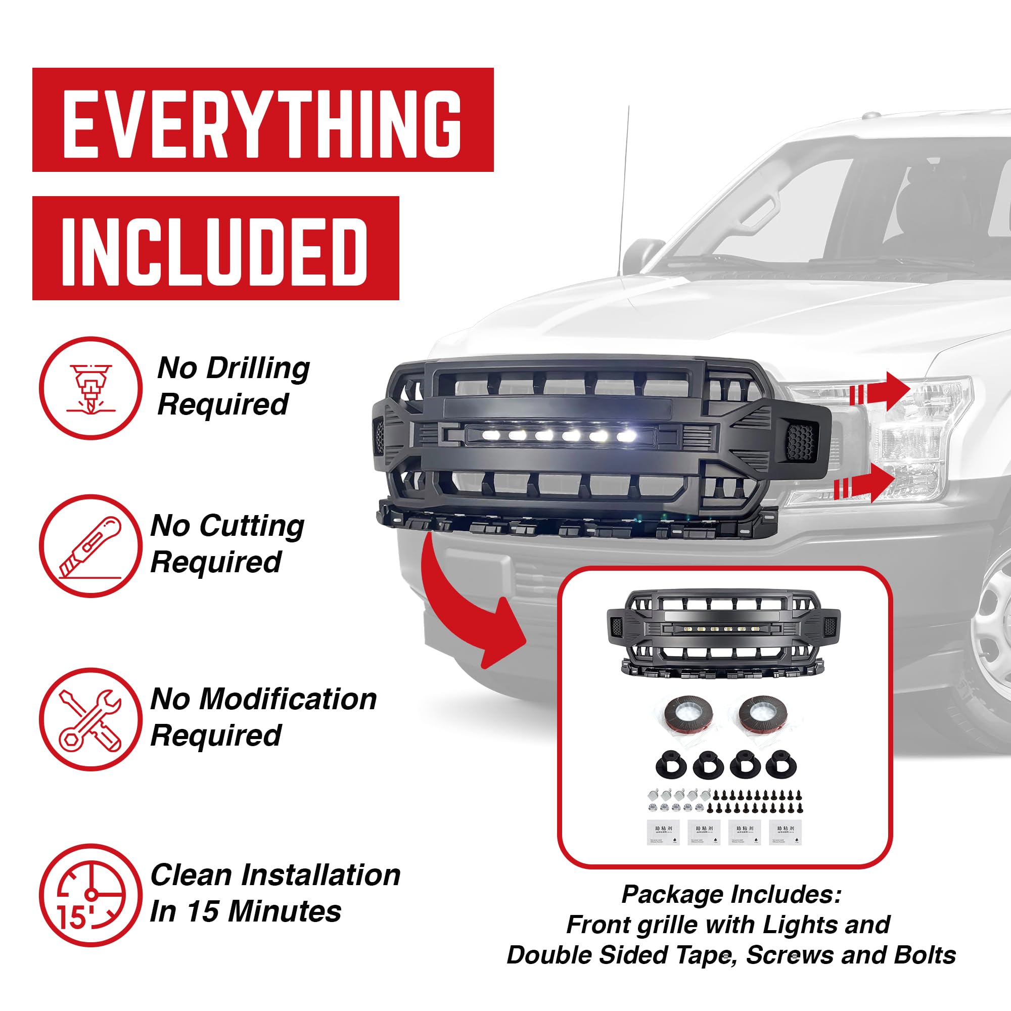 2018-2020 Ford F150 Replacement Grille - Matte Black Off-Road Front Grill with LED Lights | Compatible with F-150 Models | Perfect for Truck Upgrades & Off-Road Adventures