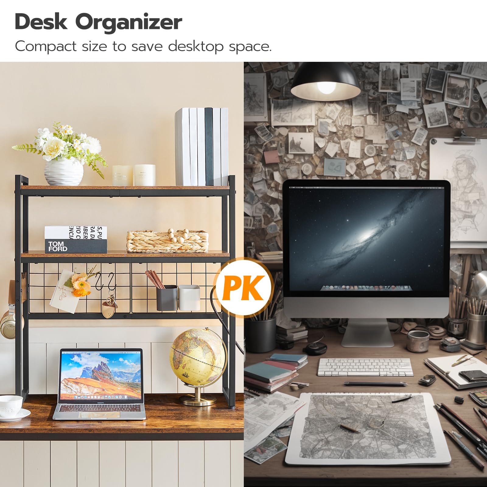 HOOBRO 2-Tier Wooden Desktop Bookcase with LED Light Strip & Power Outlets - 29.9