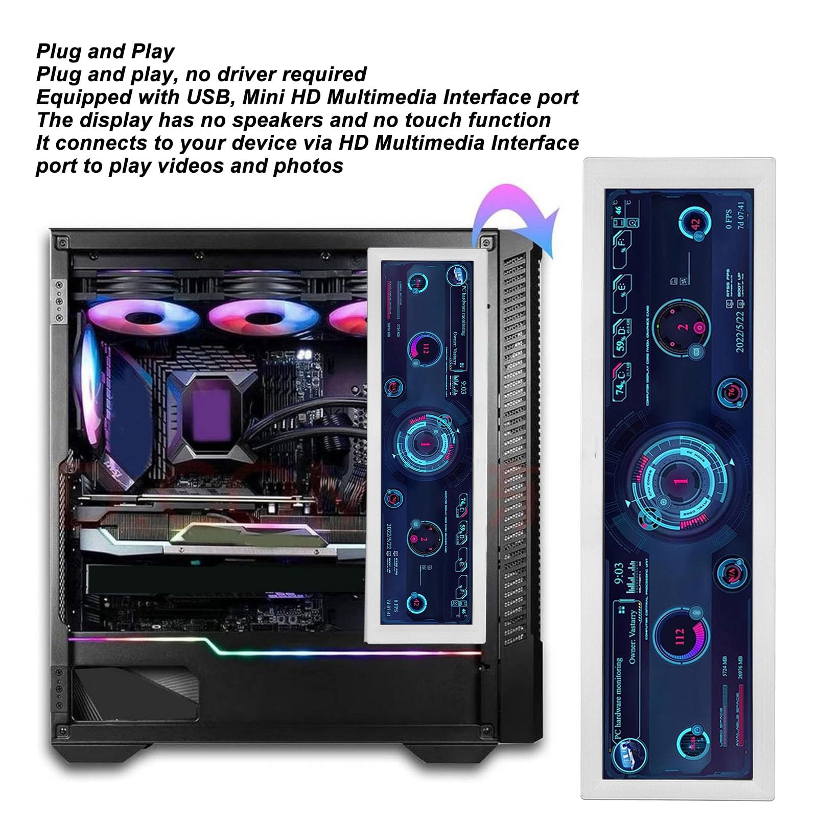 CIGIGLOW 8.8 Inch PC Temperature Monitor - HD IPS 1920x480 Display with Mini HDMI/USB - Real-Time CPU GPU RAM FPS HDD Data Screen for Gaming & Workstation (White) - Perfect for Gaming Rigs, Streaming Setups & Office Computers