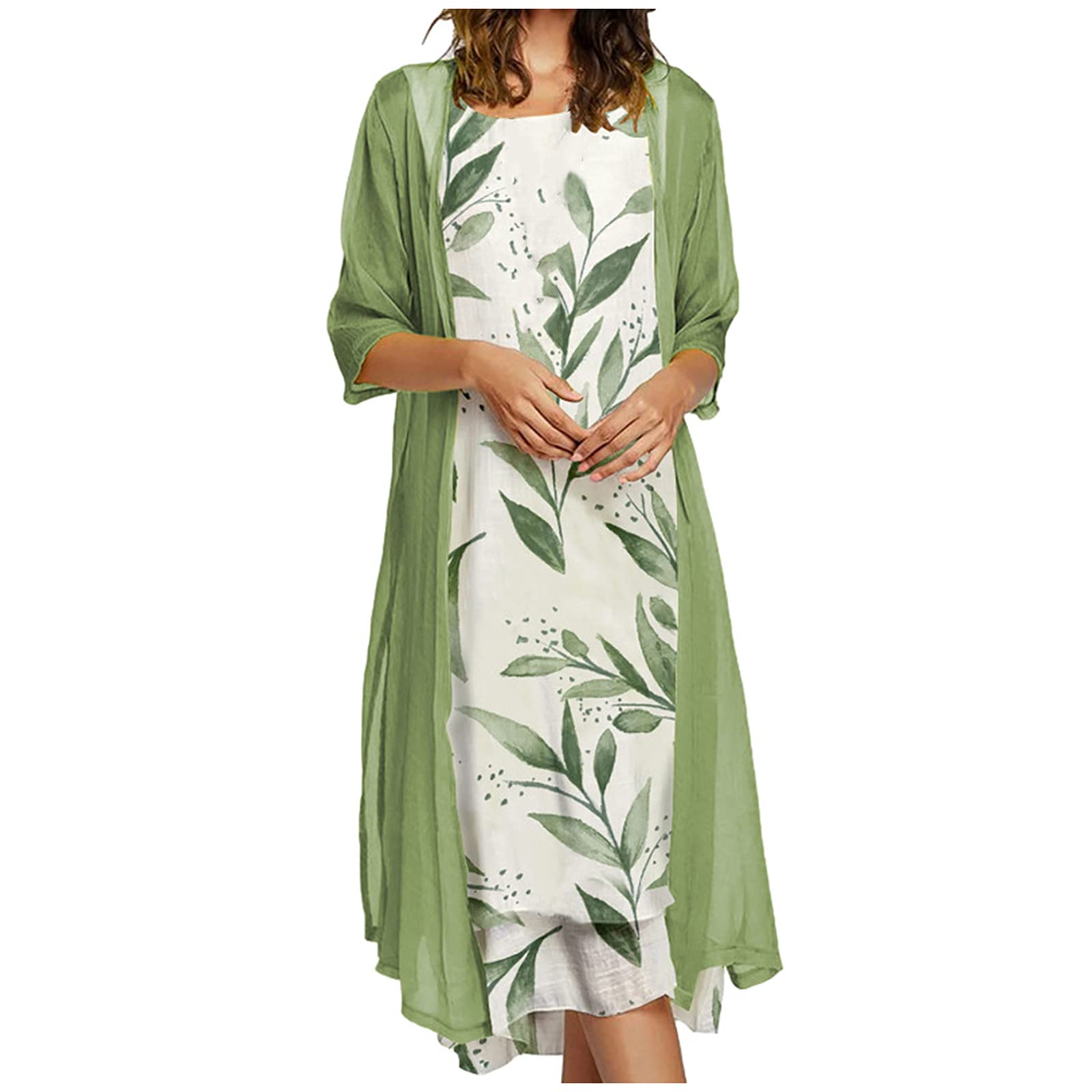 Women's Floral Print Chiffon Two-Piece Spring Dress Set 2022 - Flowy Sleeveless Crewneck Plus Size Outfit for Wedding Guest & Summer Party | Elegant Casual Wear for Brunch, Vacation & Special Occasions