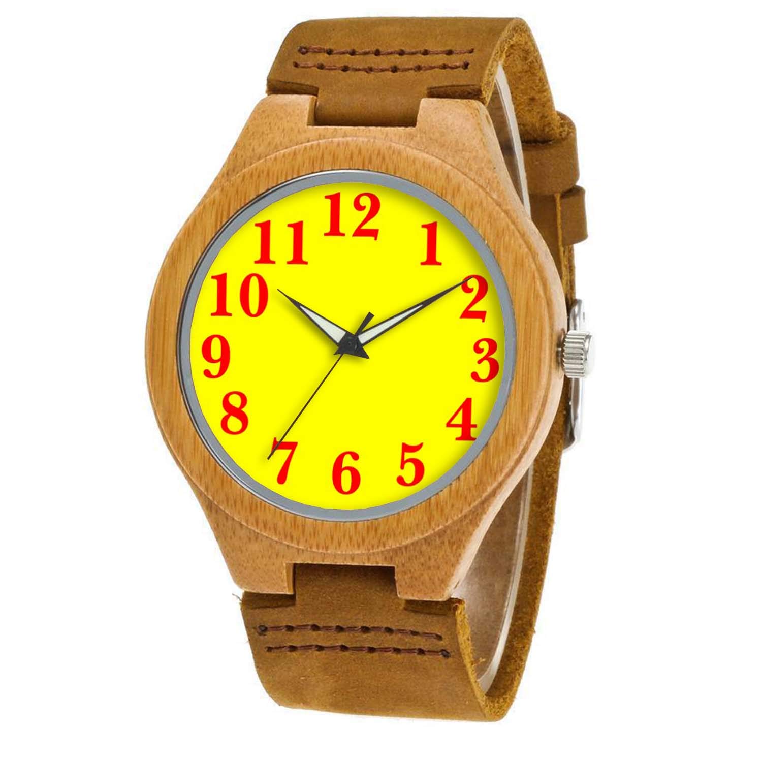 Eco-Friendly Men's Bamboo Wooden Watch with Genuine Brown Cowhide Leather Strap - Red & Yellow Casual Timepiece for Outdoor Activities & Everyday Wear