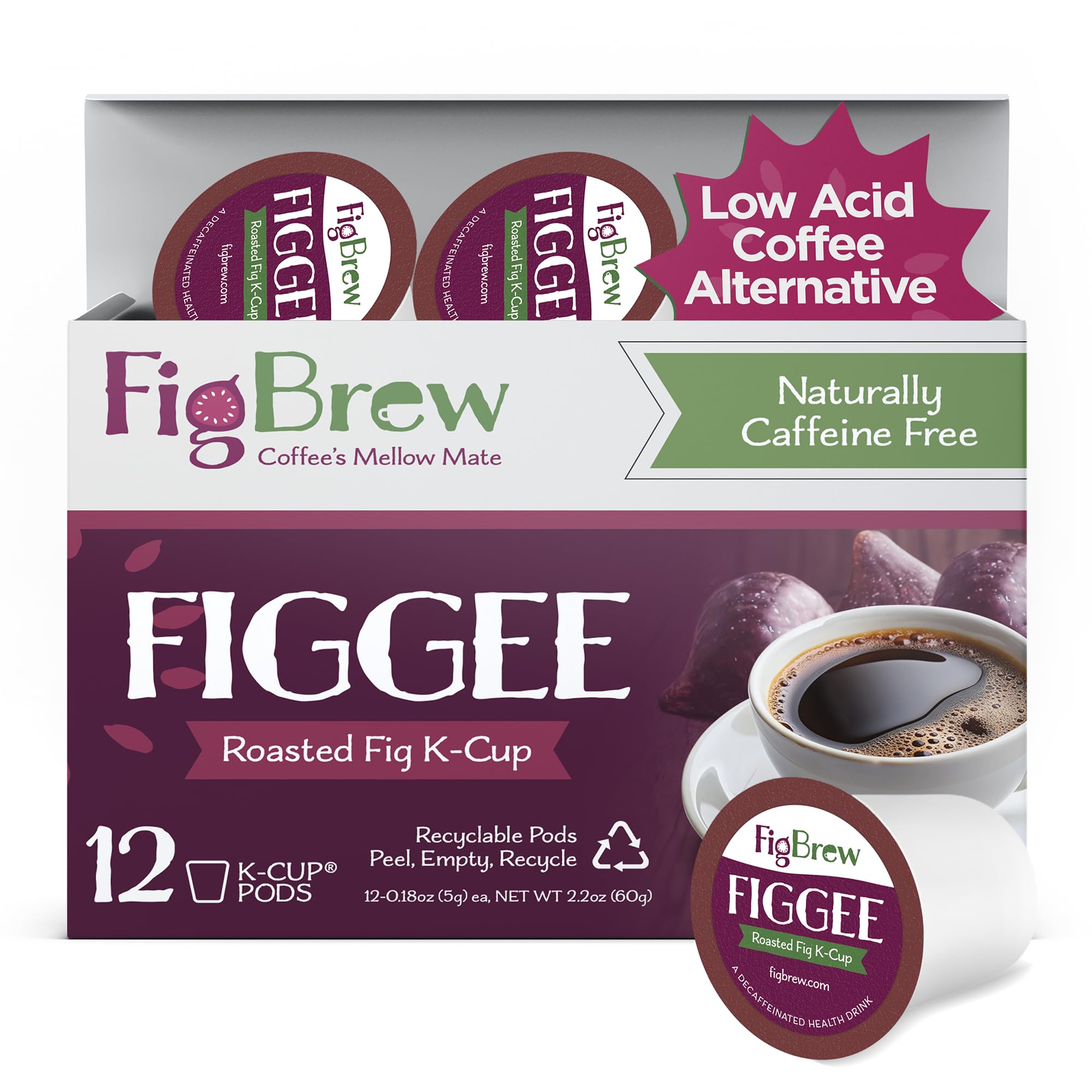 FigBrew Figgee Roasted Fig Coffee Substitute - Gluten-Free, Caffeine-Free, Organic & Natural Flavor | 12 K-Cup Pods for Keurig | Perfect Coffee Alternative for Morning Brew, Afternoon Pick-Me-Up & Nighttime Relaxation