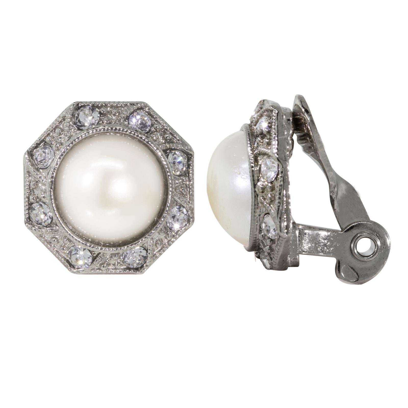 1928 Vintage Style Faux Pearl & Crystal Round Button Clip-On Earrings for Women - Perfect for Weddings, Parties & Evening Events