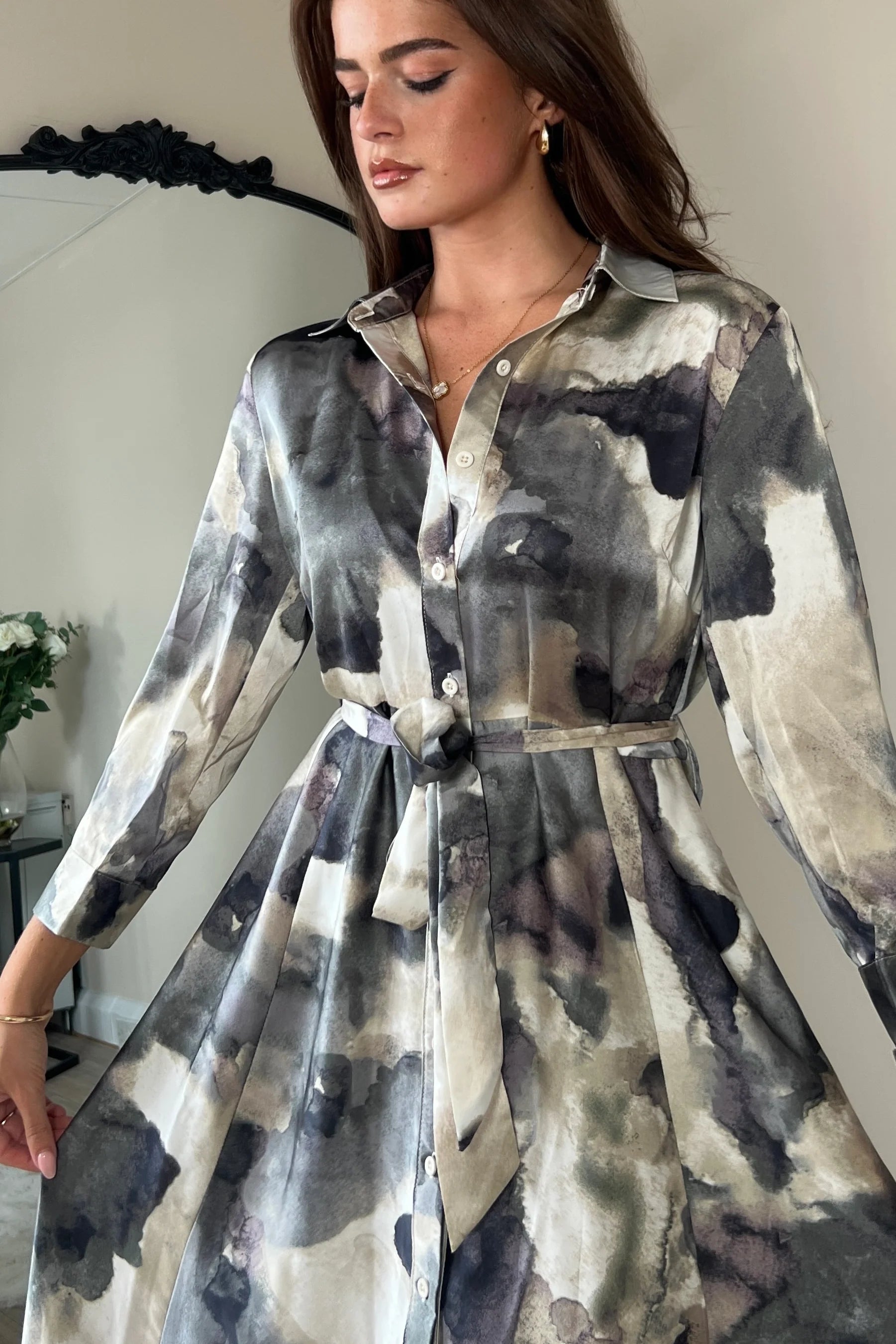Angela Shirt Dress - Stylish Grey Print Floral Wrap Dress for Women | Perfect for Office, Date Night & Spring Outfits
