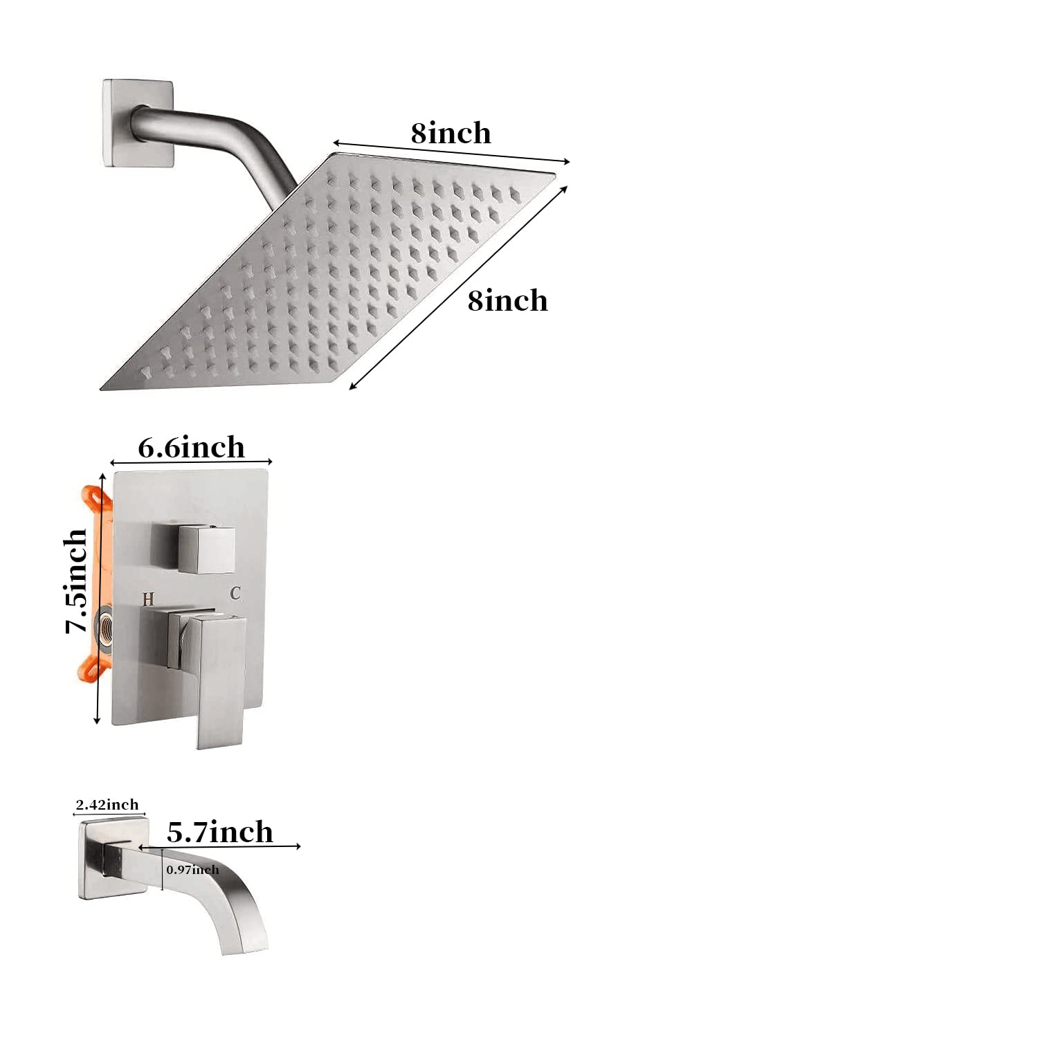 GGStudy Brushed Nickel Shower Trim Kit with Rough-in Valve - 8 Inch Square Stainless Steel Rainfall Shower Head & Tub Faucet System - Dual Function Bathroom Set for Modern Home Spa Experience