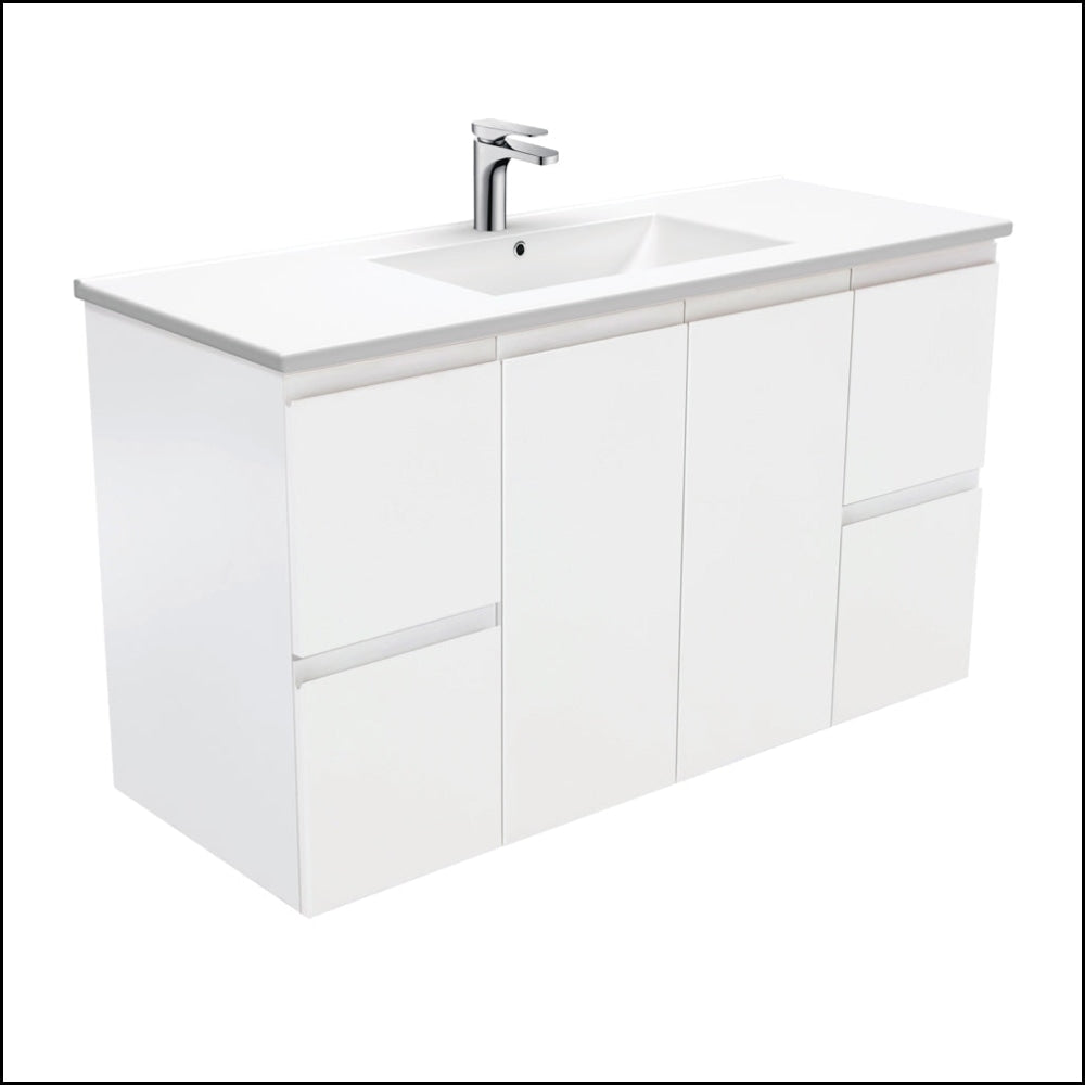 Fienza Dolce 1200mm Wall Mounted Bathroom Vanity with Finger Pull - Satin White Finish | Modern Space-Saving Design for Small Bathrooms & Powder Rooms