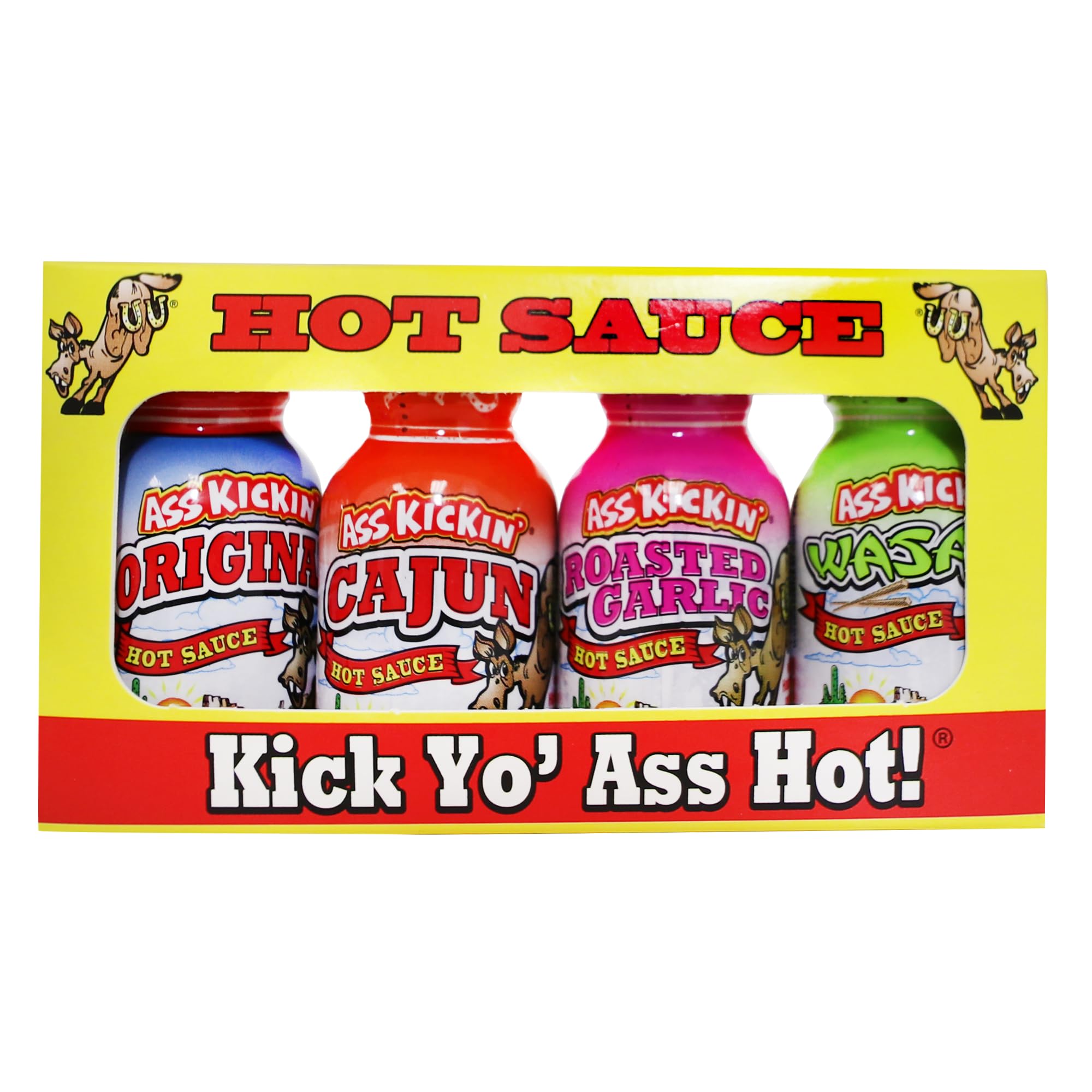 ASS KICKIN' Premium Hot Sauce Gift Set - 4 Pack Travel Size .75oz Bottles | Gourmet Hot Sauce for Cooking, Grilling & Gifts | Perfect Christmas Present for Spicy Food Lovers