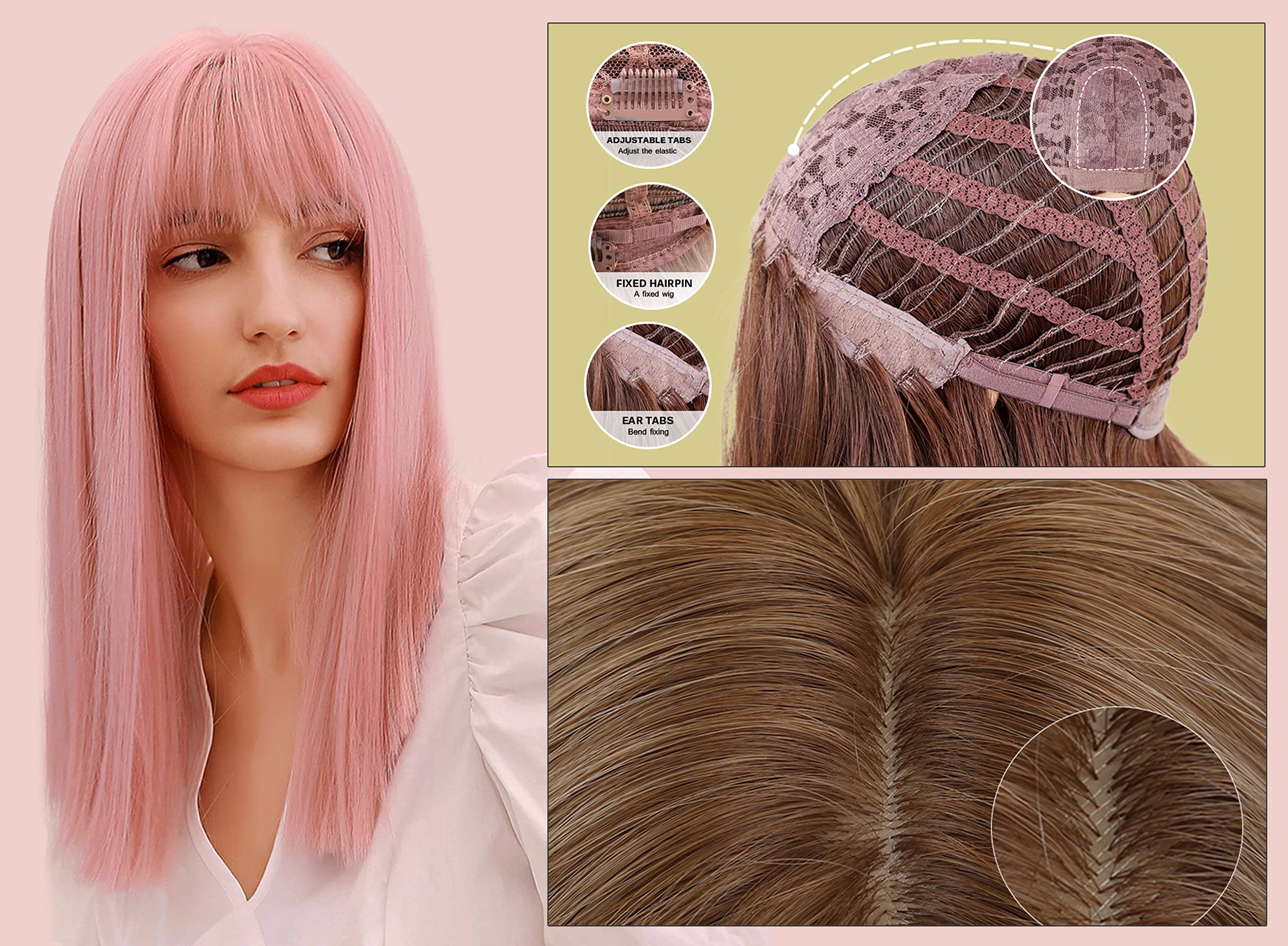 Happy Cherry Light Pink Long Straight Synthetic Wigs for Women with Bangs - Heat Resistant Natural Look Cosplay & Party Wig - Perfect for Halloween, Costume Parties, Anime Conventions and Daily Fashion