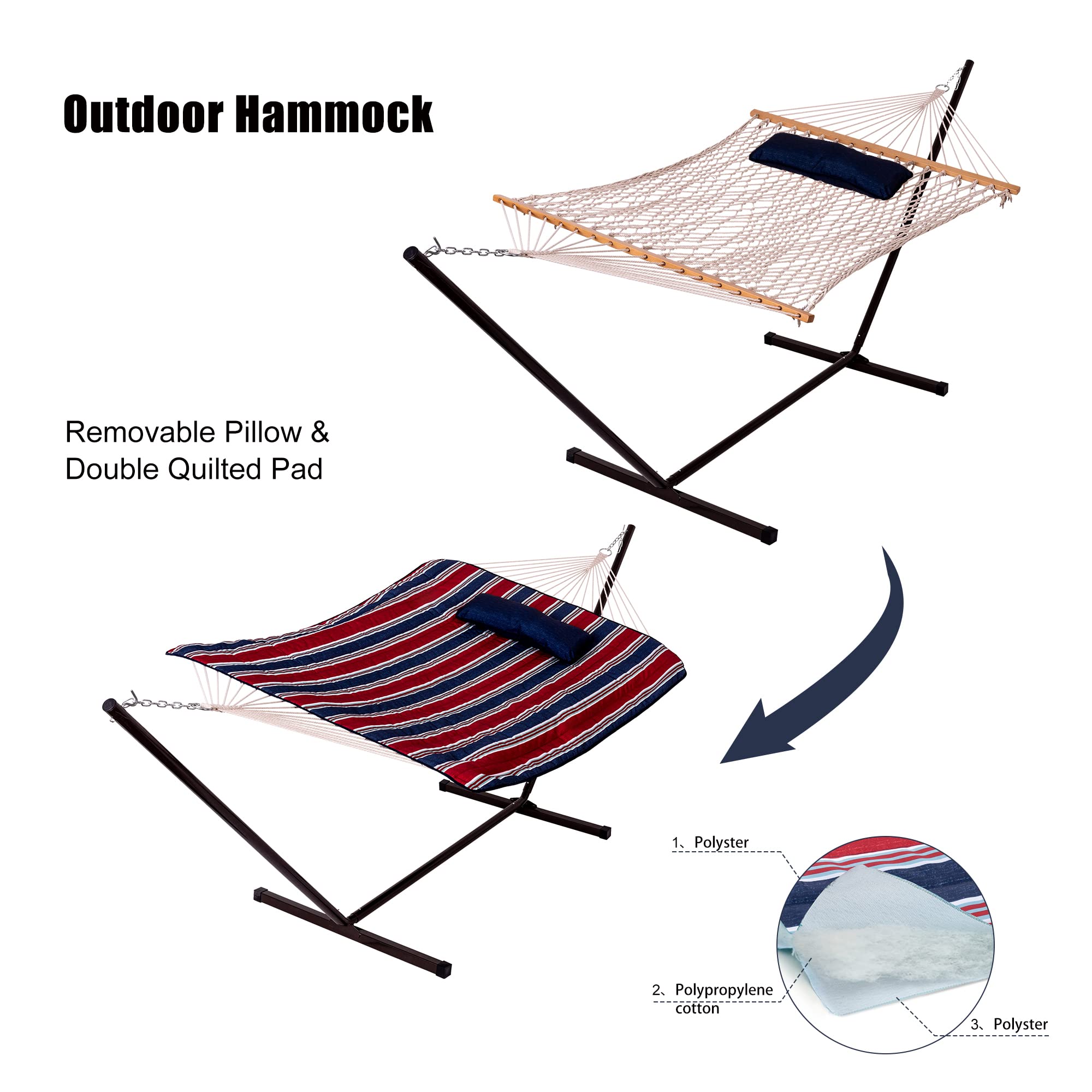 Best Double Hammock with Stand - 12 ft Steel Frame, 2 Person Cotton Rope Hammock with Quilted Pad & Accessories (Red/Navy Stripes) - Perfect for Backyard Relaxation, Camping & Beach Lounging