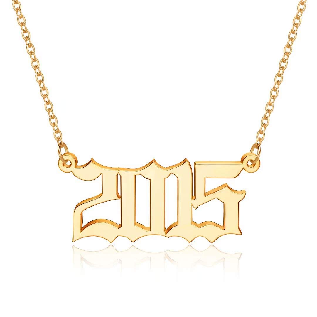 18K Gold Plated Old English Birth Year Necklace for Women - Personalized Number Pendant Jewelry Gift (1970-2021) | Perfect for Birthday, Anniversary & Mother's Day Gifts | Elegant Layering Necklace for Daily Wear & Special Occasions