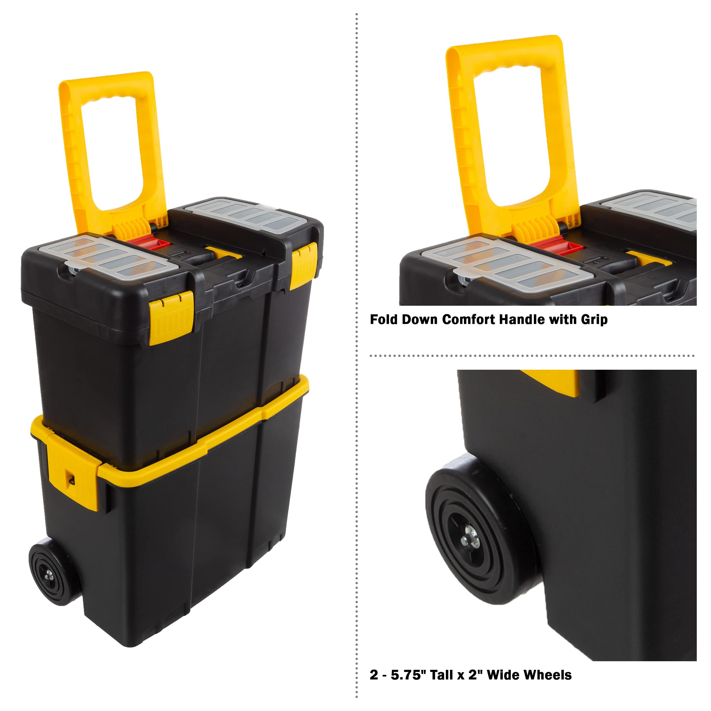 Stalwart 2-in-1 Portable Tool Box with Wheels - Stackable Tool Chest with Fold-Down Comfort Handles, Heavy-Duty Latches & Removable Storage Trays (Black/Yellow) - Perfect for Home Garage, Workshop & Job Site Organization
