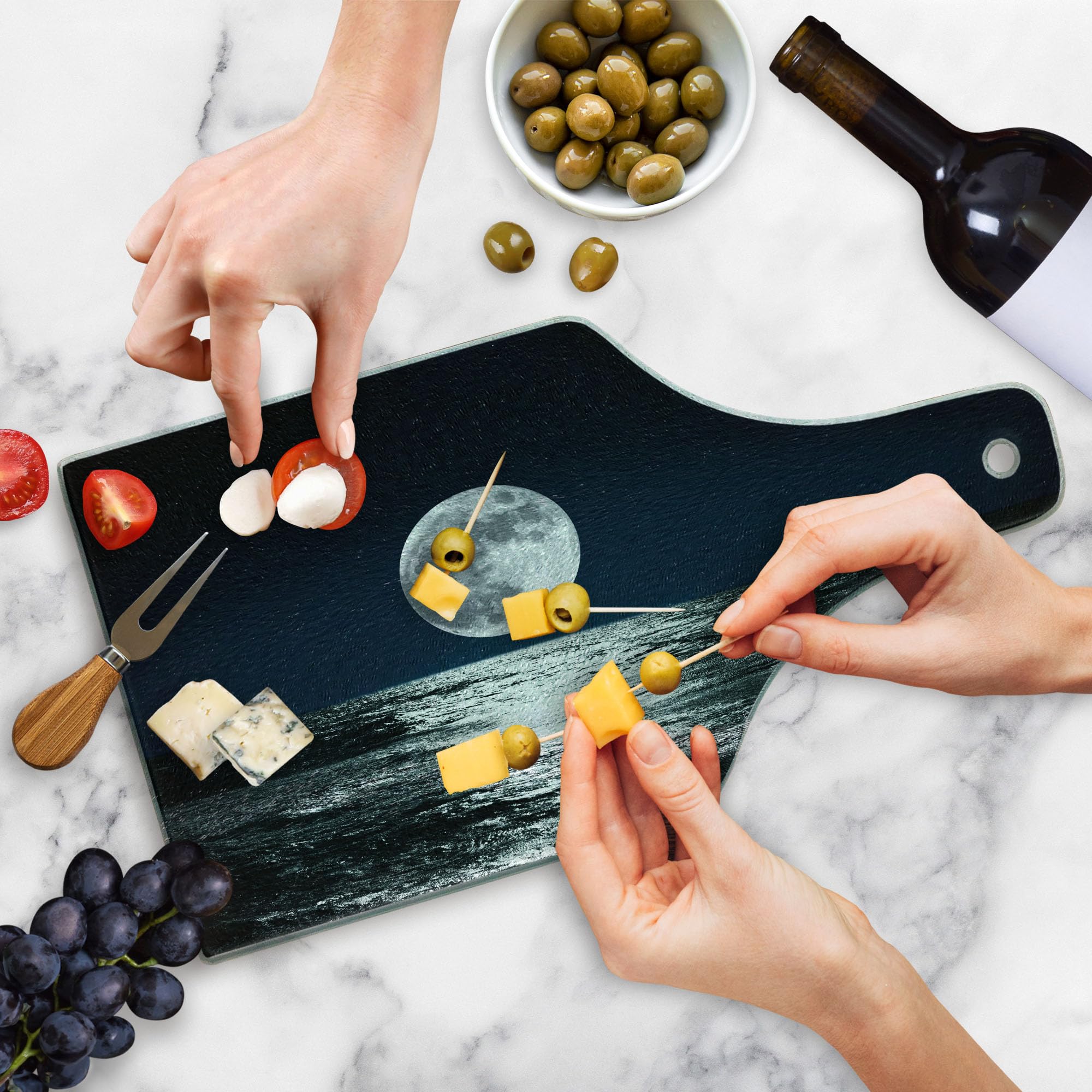 Ambesonne Moon Tempered Glass Cutting Board - Large Wine Bottle Shape with Ethereal Moon & Sea Reflection Design - Dark Blue Black White Decorative Serving Board for Kitchen, Dining & Party Entertaining