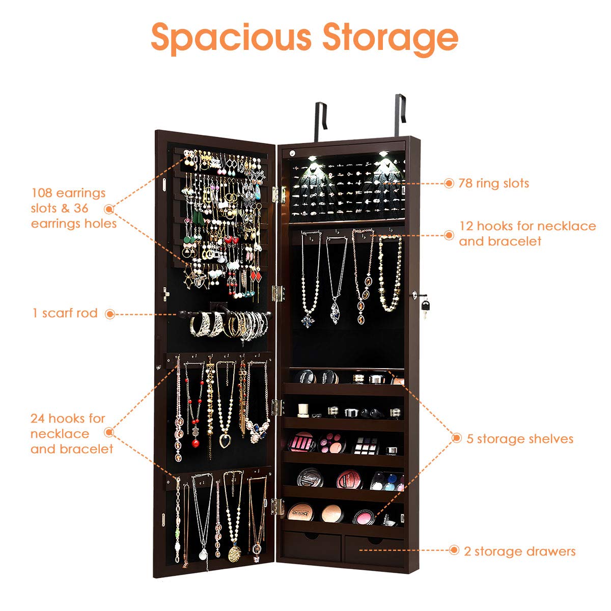 MAT EXPERT Wall/Door Mounted Jewelry Armoire with LED Lights - Lockable Jewelry Cabinet, Full-Length Mirror & Drawers - Jewelry Organizer for Necklaces, Rings & Makeup (Brown) - Perfect for Bedroom, Closet & Dressing Room Storage