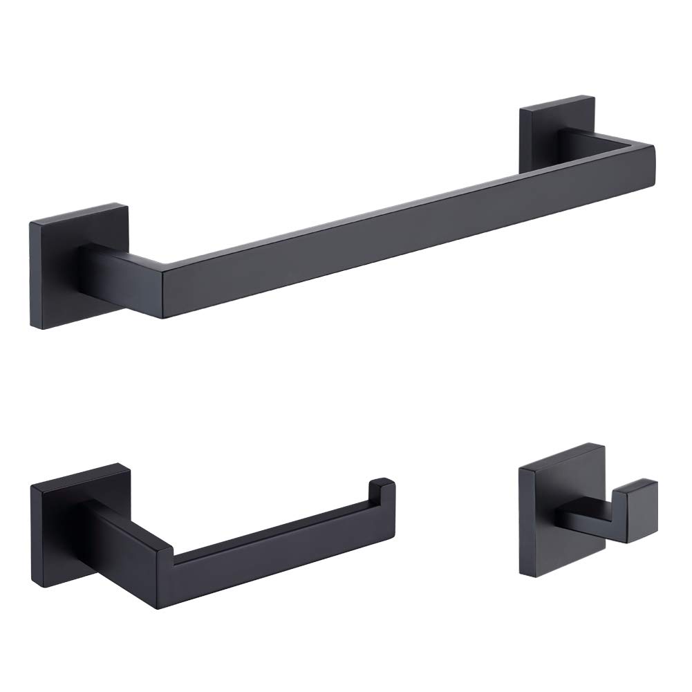 TASTOS 3-Piece Matte Black Bathroom Hardware Set - Premium Stainless Steel Wall Mounted Robe Hook, Toilet Paper Holder & 16-Inch Towel Bar - Modern Bathroom Accessories for Home & Hotel Use