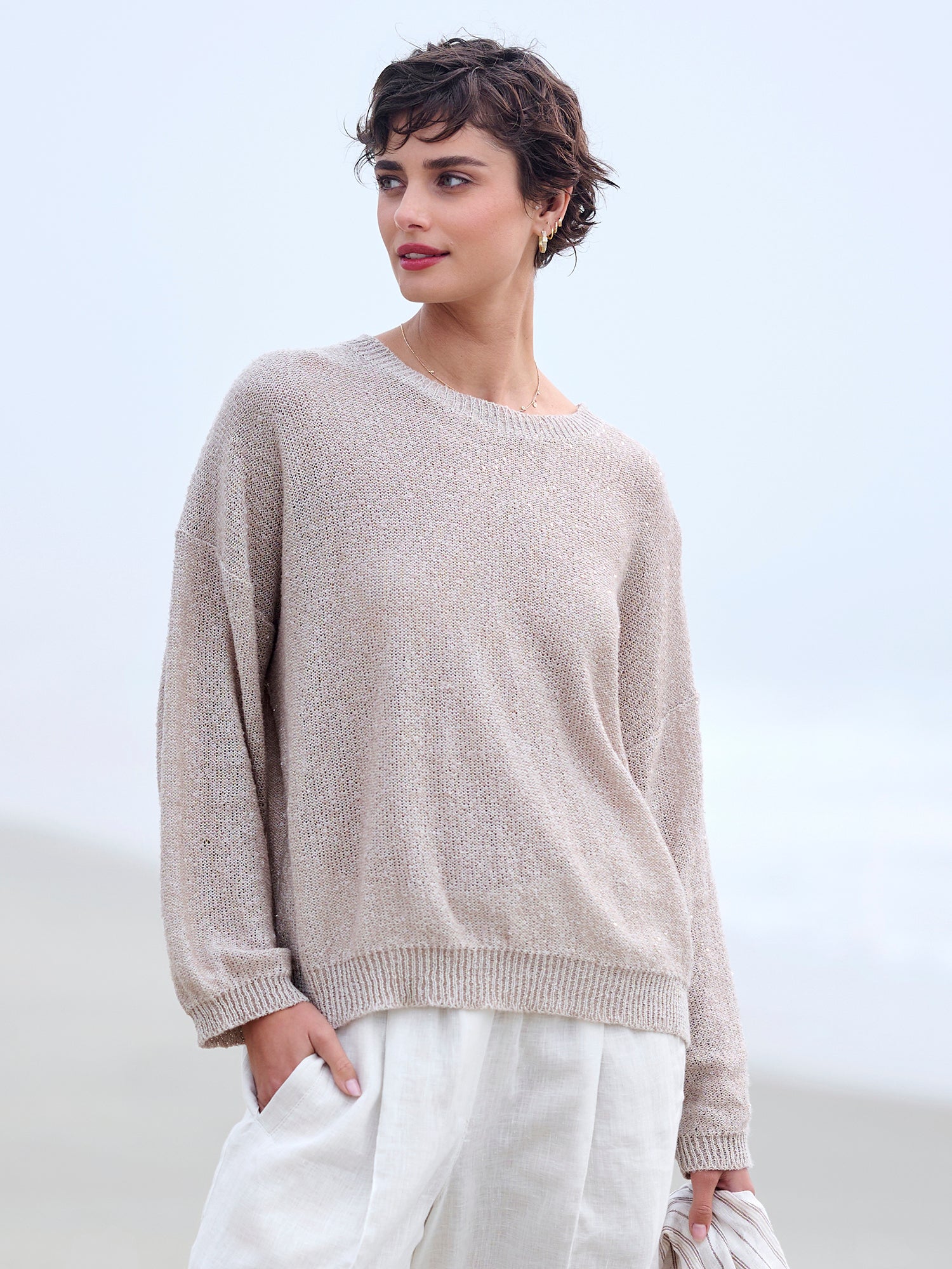 Sparkling Diamante Crew Neck Sweater for Women - Elegant Rhinestone Knit Top for Party, Date Night & Holiday Outfits