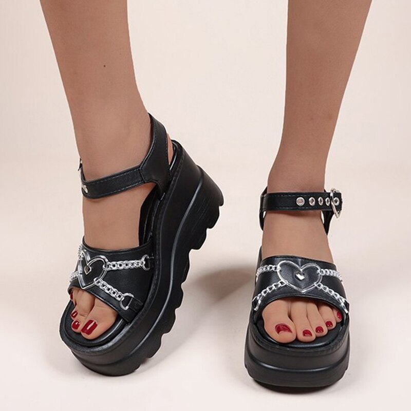 Lovevop Black Gothic Wedge Sandals for Women - Y2K Style Chunky Platform Sandals with Punk Buckle & Thick Bottom - Lolita Shoes in Plus Sizes - Perfect for Summer Outfits, Concerts & Alternative Fashion