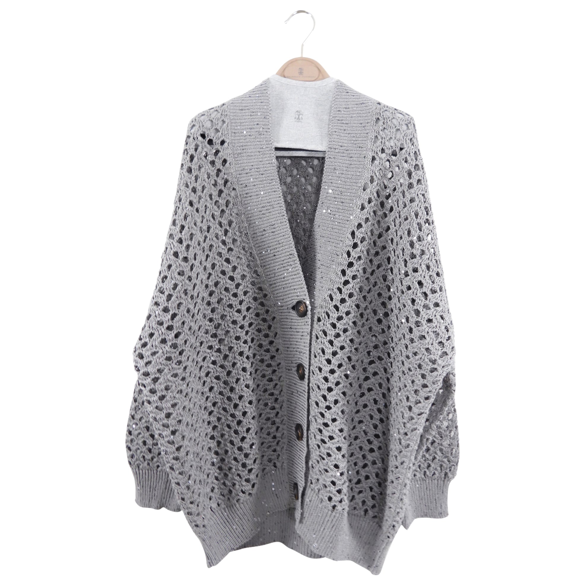 Brunello Cucinelli Grey Open Knit Sequin Cardigan Sweater for Women - Elegant Loose Fit Cashmere Blend Cardigan for Office, Party & Evening Wear