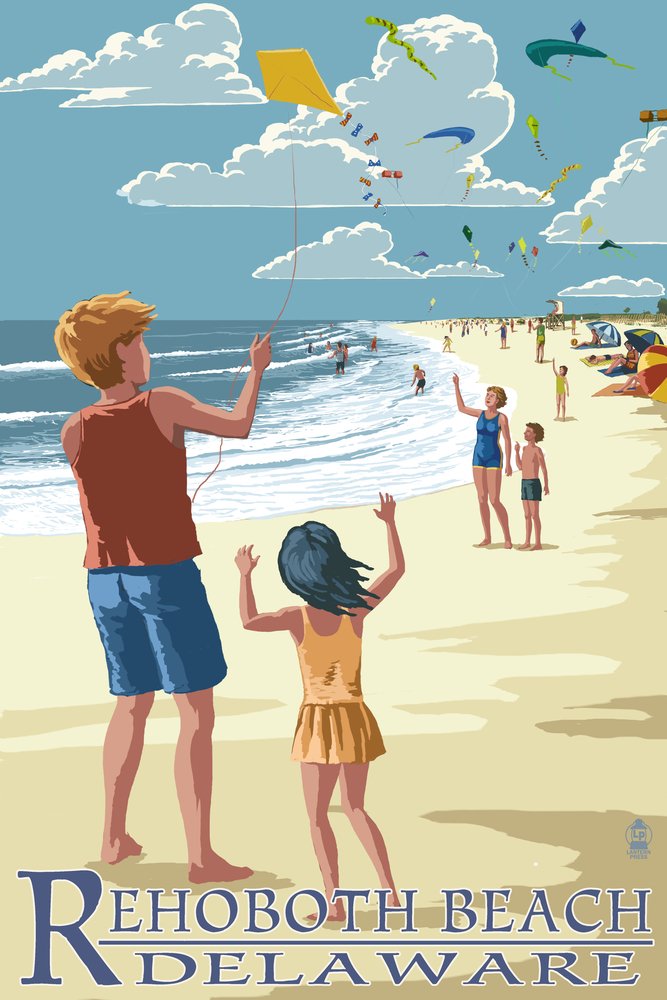Rehoboth Beach Delaware Kite Flyers 49734 - Signed 24x36 Art Print Poster, Coastal Wall Decor for Living Room, Bedroom & Office | Beach Theme Home Decoration
