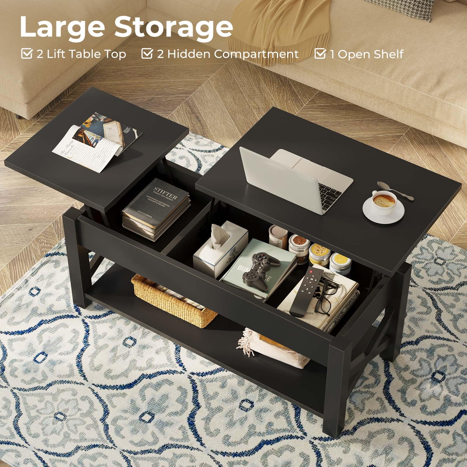 Rolanstar 47.2 Inch Lift Top Coffee Table - Farmhouse Style Center Table with Hidden Storage Compartment, Open Shelf & X-Shaped Wooden Legs for Living Room - Black | Perfect for Small Spaces, Home Decor & Coffee Lovers