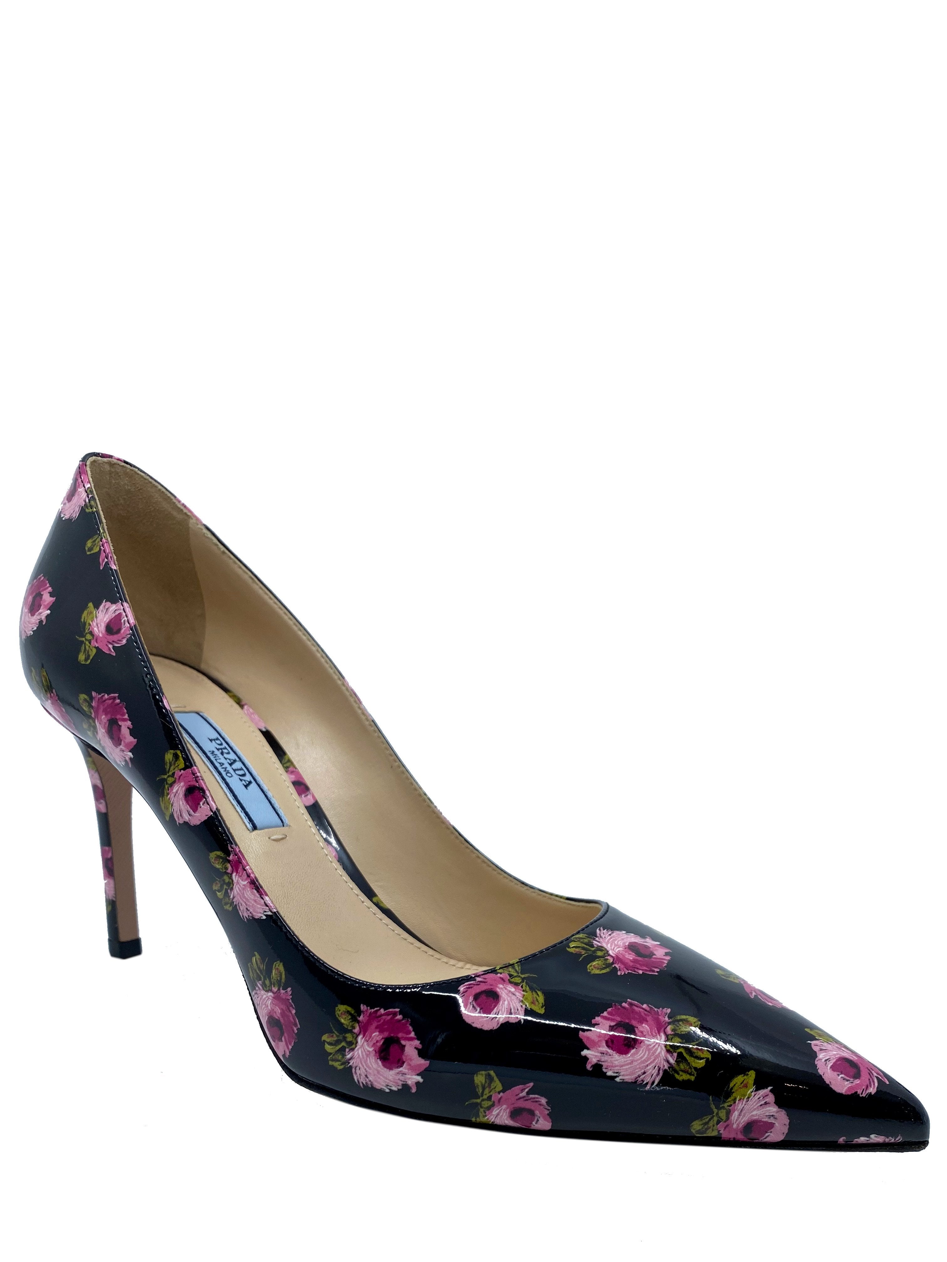 Prada Floral Print Patent Leather Pumps Women's Size 7 - New Designer High Heels for Wedding, Party & Special Occasions