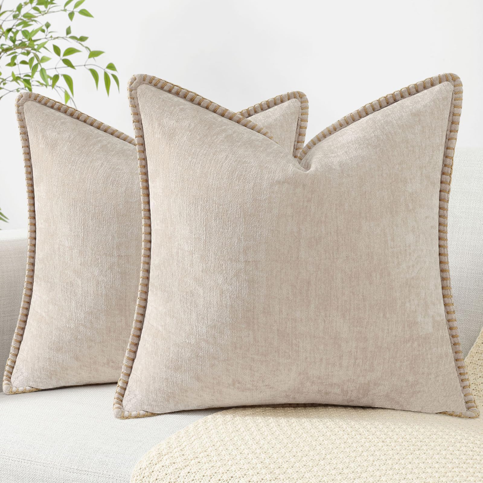 decorUhome Chenille Soft Throw Pillow Covers 26x26 Set of 2 - Farmhouse Velvet Decorative Couch Pillow Covers with Stitched Edge for Sofa, Bed & Home Decor - Bleached Sand - Perfect for Living Room, Bedroom & Cozy Farmhouse Style