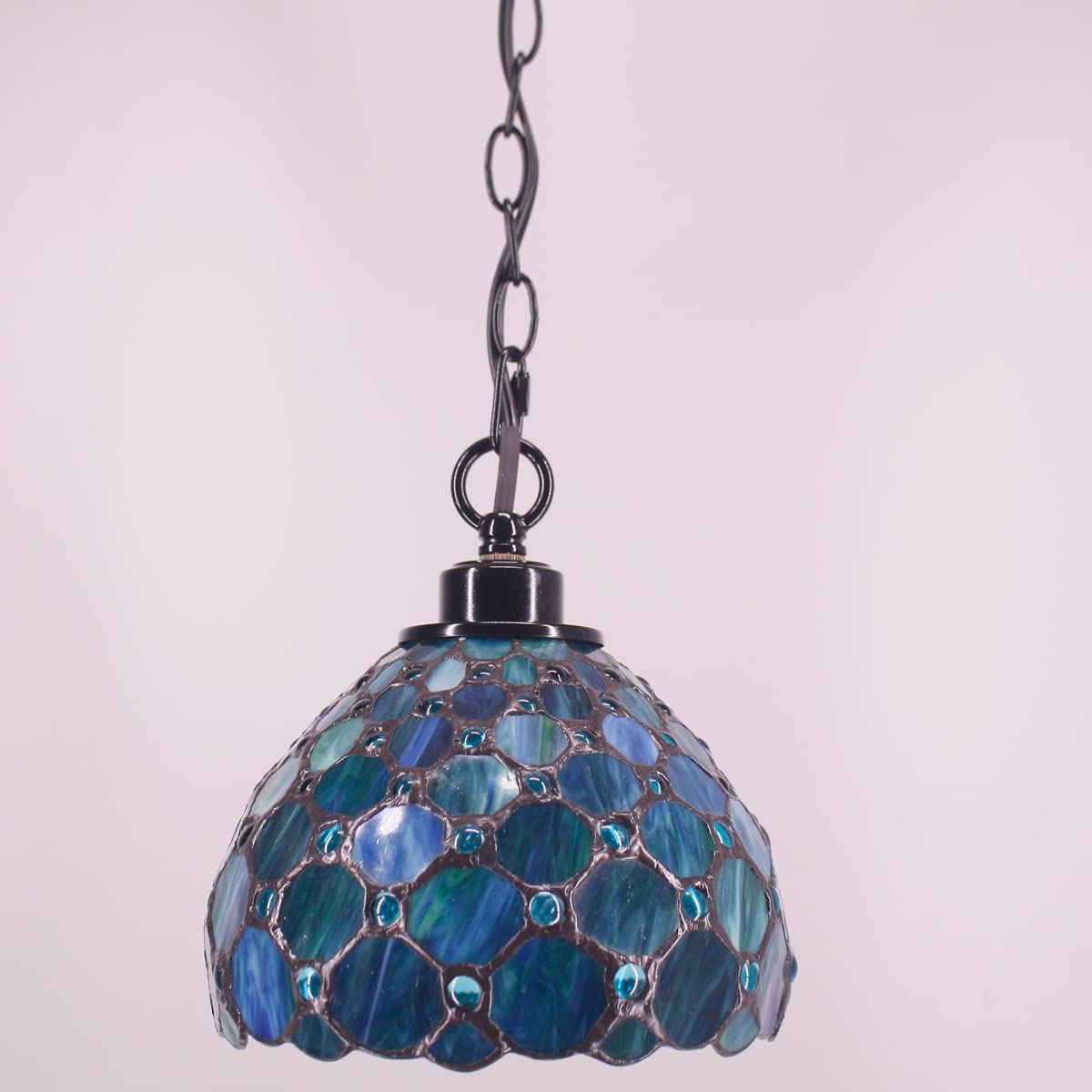 Tiffany Style Plug-in Swag Pendant Light - 8x8x18 Inch Stained Glass Hanging Lamp in Sea Blue Pearl | Perfect for Dining Room, Living Room, Bedroom & Kitchen Decor