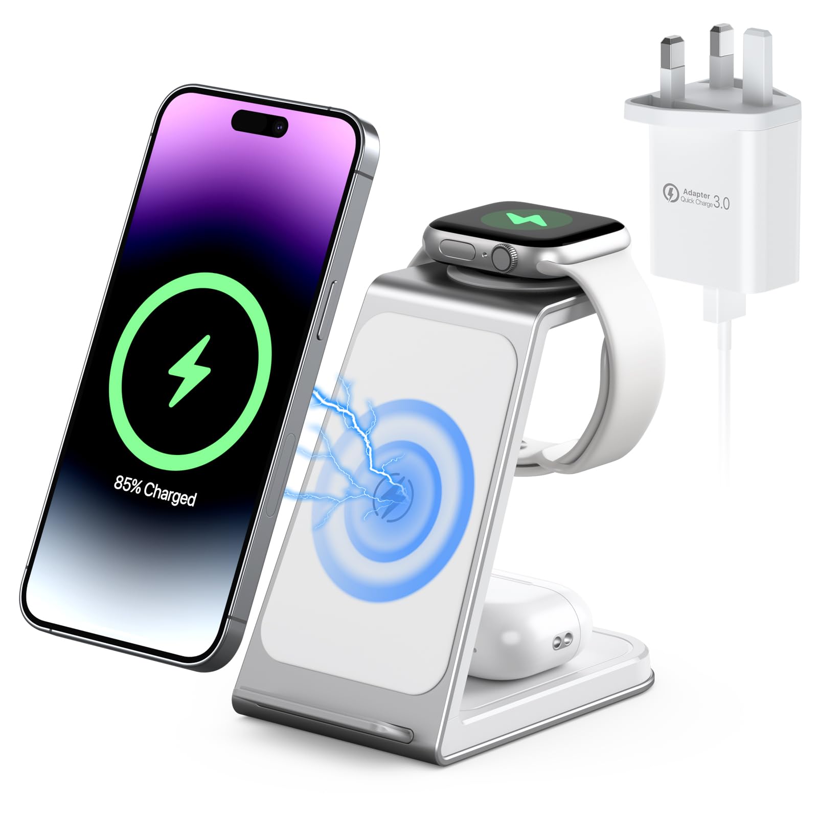 3 in 1 Wireless Charging Station for iPhone 16/15/14/13/12/11, Apple Watch & AirPods - 15W Fast Wireless Charger Stand with Aluminum Alloy Base | Perfect for Home, Office & Nightstand Charging