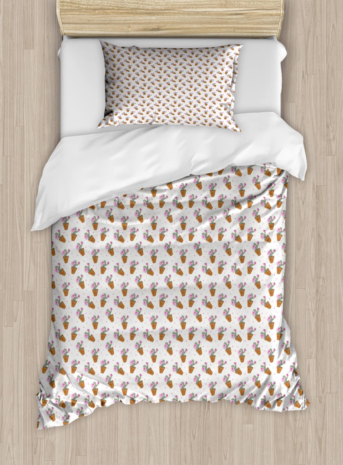 Ambesonne Succulent Duvet Cover Set - Exotic Cactus Plants with Pink Blossoms & Dots in Flower Pots, 2-Pack Queen Size Bedding Set with 2 Duvet Covers & 4 Pillowcases, Green Pink Pale Brown - Perfect for Boho Bedroom Decor & Plant Lover's Home