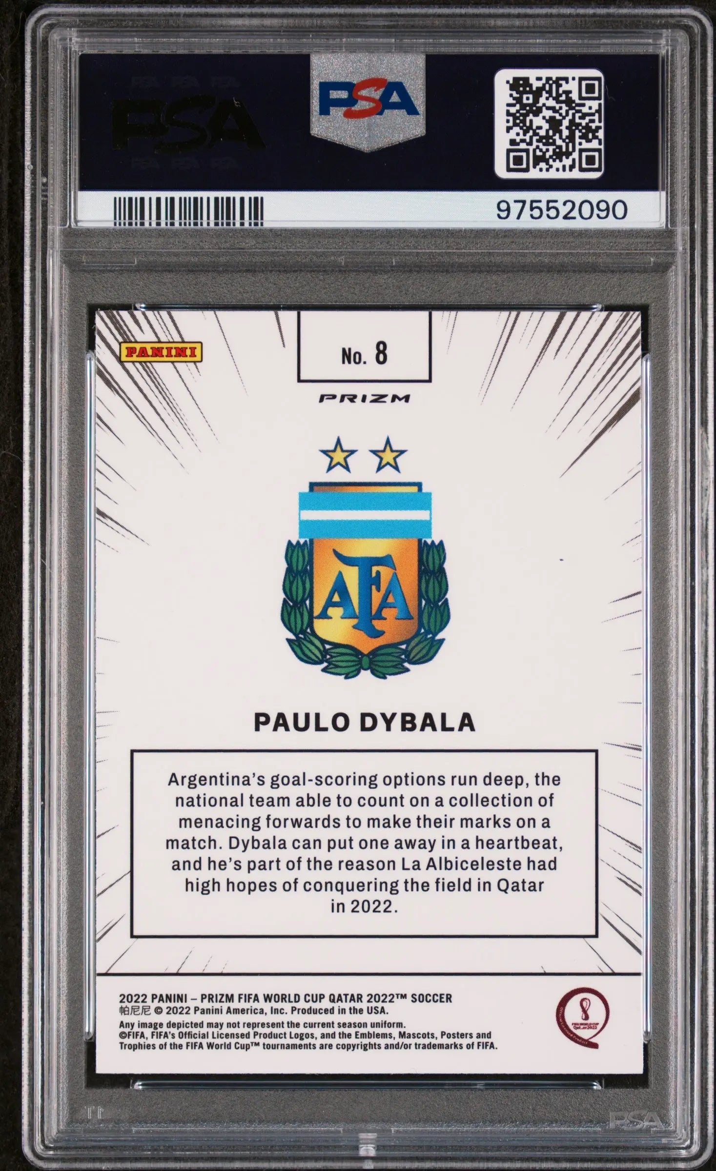 2022 Panini Prizm World Cup Qatar Soccer Trading Card - Paulo Dybala #8 PSA 9 Gem Mint - Perfect for Collectors, Investors & Soccer Fans