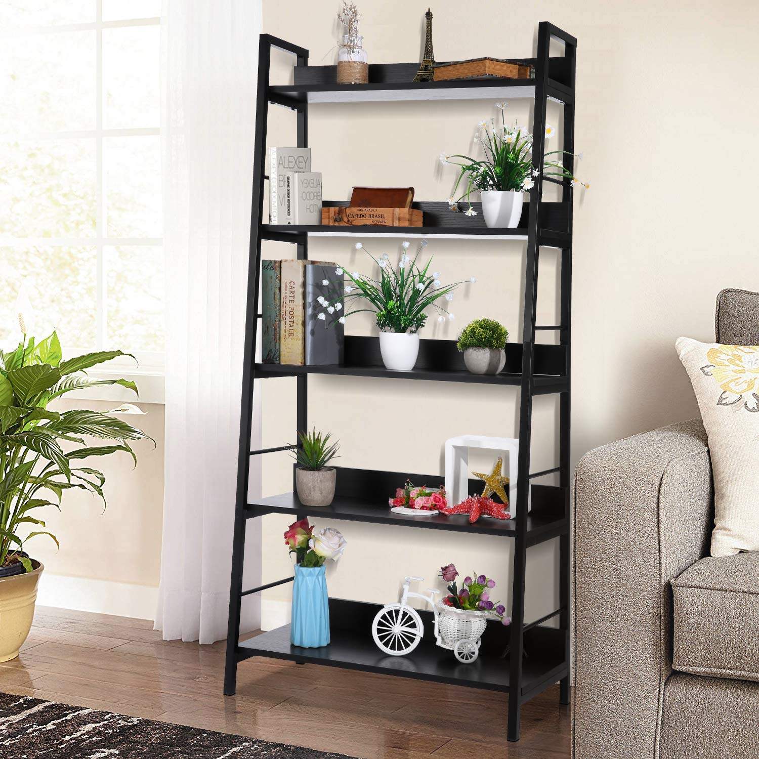 Homdox 5-Tier Industrial Ladder Shelf - Wood & Metal Bookcase, Plant Stand, Storage Shelves for Home, Office & Living Room Decor | Perfect for Books, Plants & Display Organizing