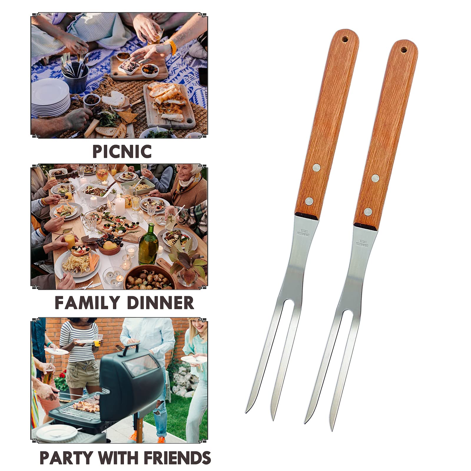 2 Pack 13 Inch Stainless Steel Carving Forks with Wooden Handle - Heavy Duty BBQ Forks for Grilling, Roasting, Serving Meat - Perfect for Outdoor Cooking, Camping, and Holiday Dinners